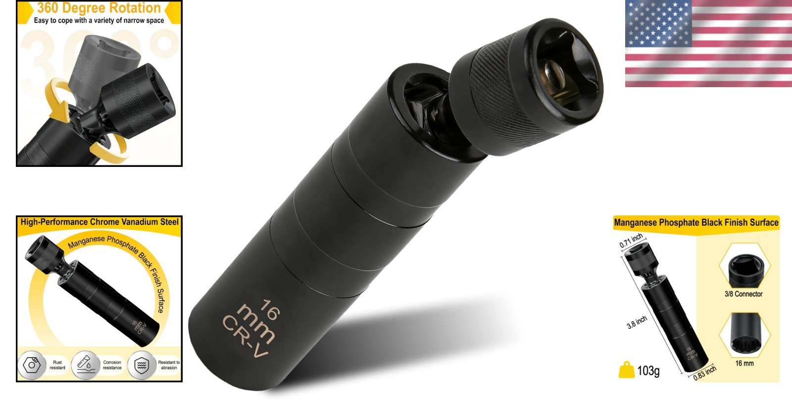 Versatile 16mm Magnetic Spark Plug Socket – 360° Rotation for Easy Use