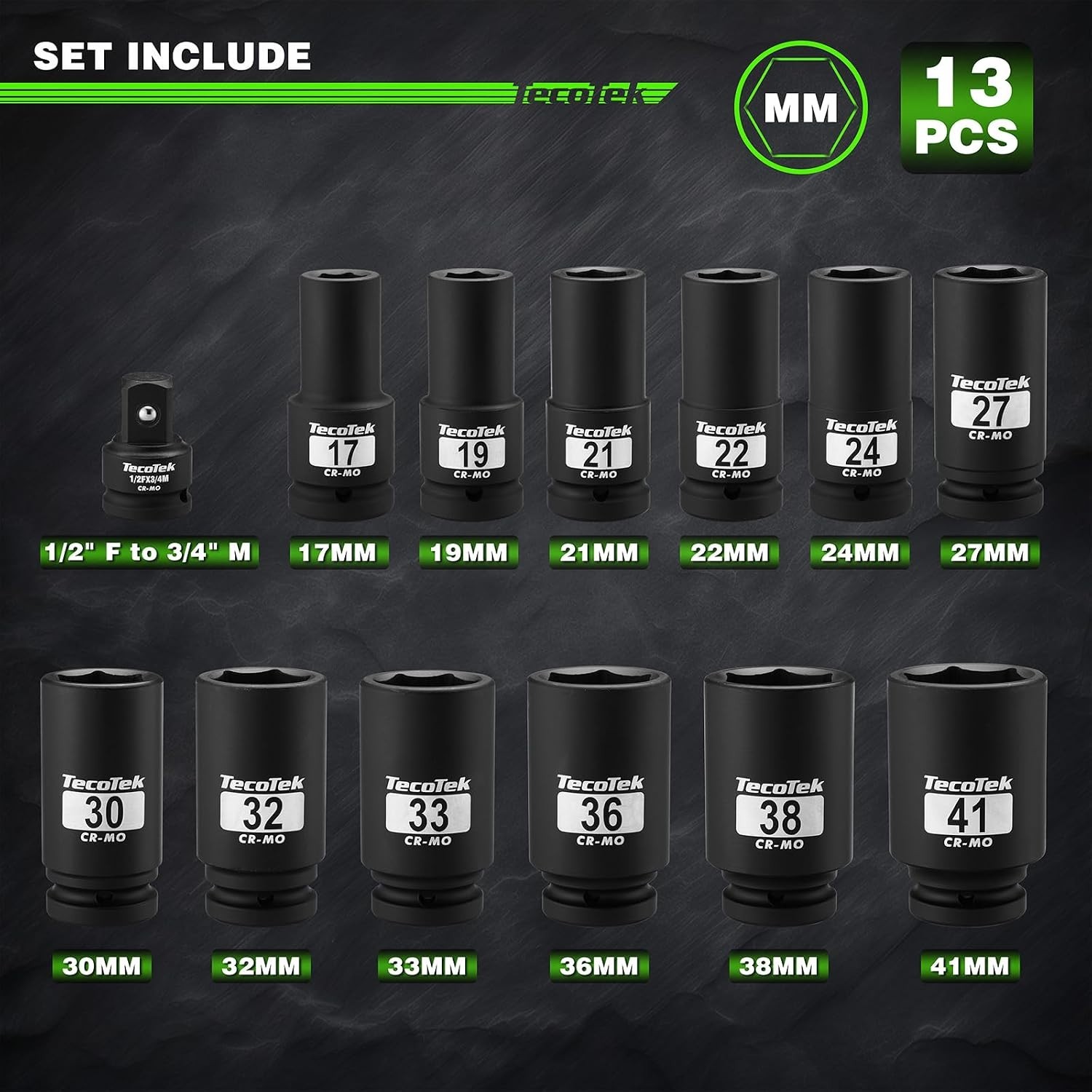 3/4″ Drive Deep 6Point Impact Socket Set, 13Piece Jumbo Assortment, CrMo, Met…
