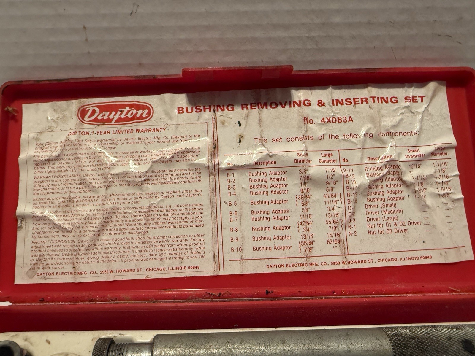 Dayton 20 Piece Bushing Tool Set Model 4X083A Used Condition With Cosmetic Flaws