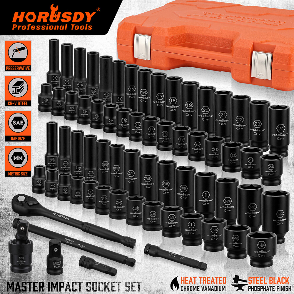 66PC 1/2″ Drive Impact Socket Set Deep & Standard SAE Metric 3/8-1-1/4″ 8-24mm