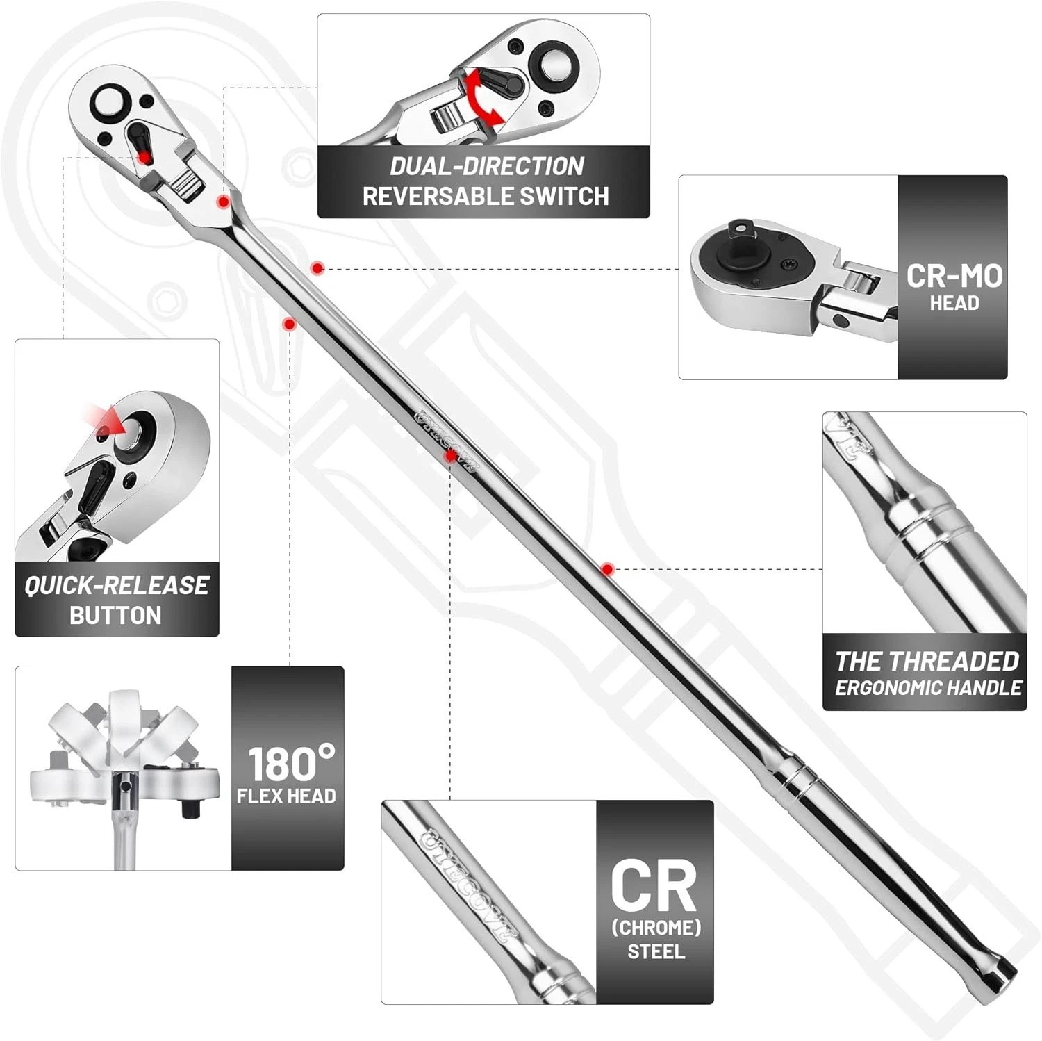 Pro 1/2 Drive Ratchet – 24″ Flex Head, 72 Tooth, Cr-Mo, Quick Release