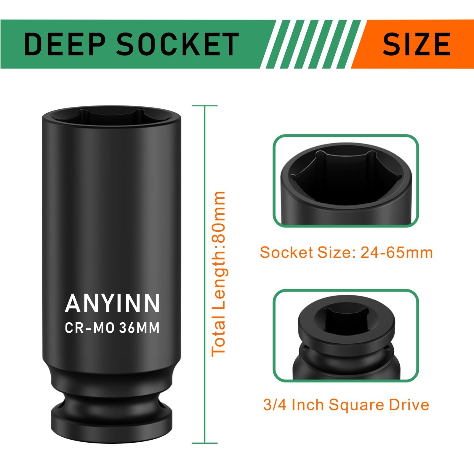 3/4″ Drive 1-3/16″ Deep Impact Socket, Heavy Duty Chrome Moly Steel, 6-Point, 80