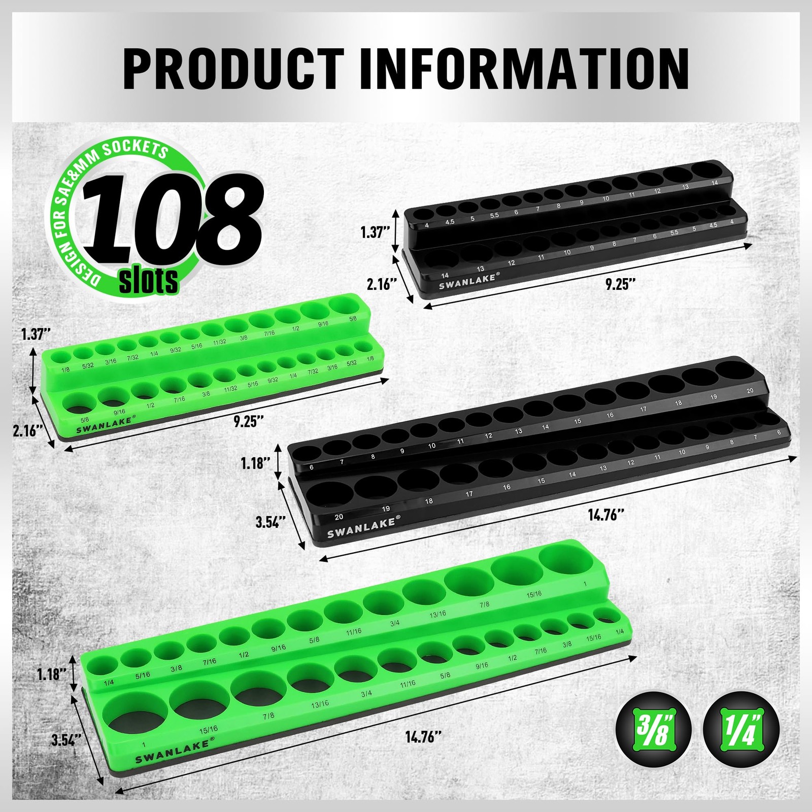 SWANLAKE 4-Piece Magnetic Socket Organizer Set, 4PCS Green/Black, Green&black