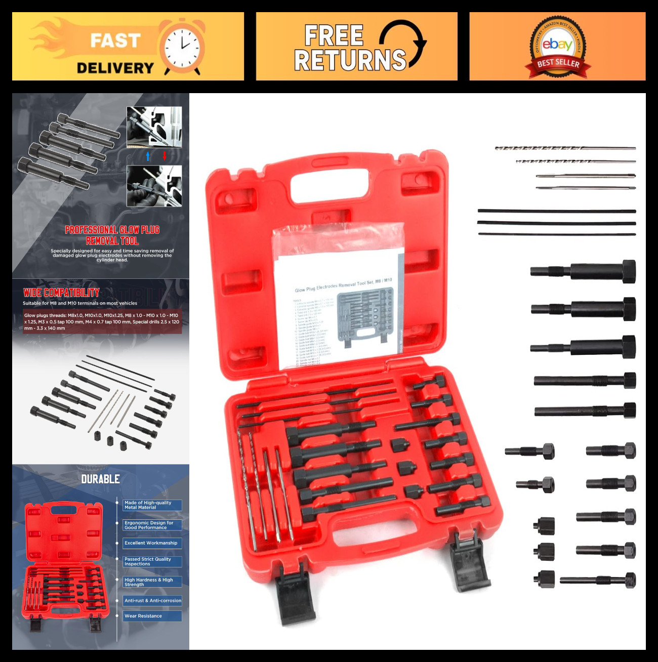 22PCS Glow Plug Removal Tool Kit – High Hardness M8 & M10 Extraction Tools, Easy