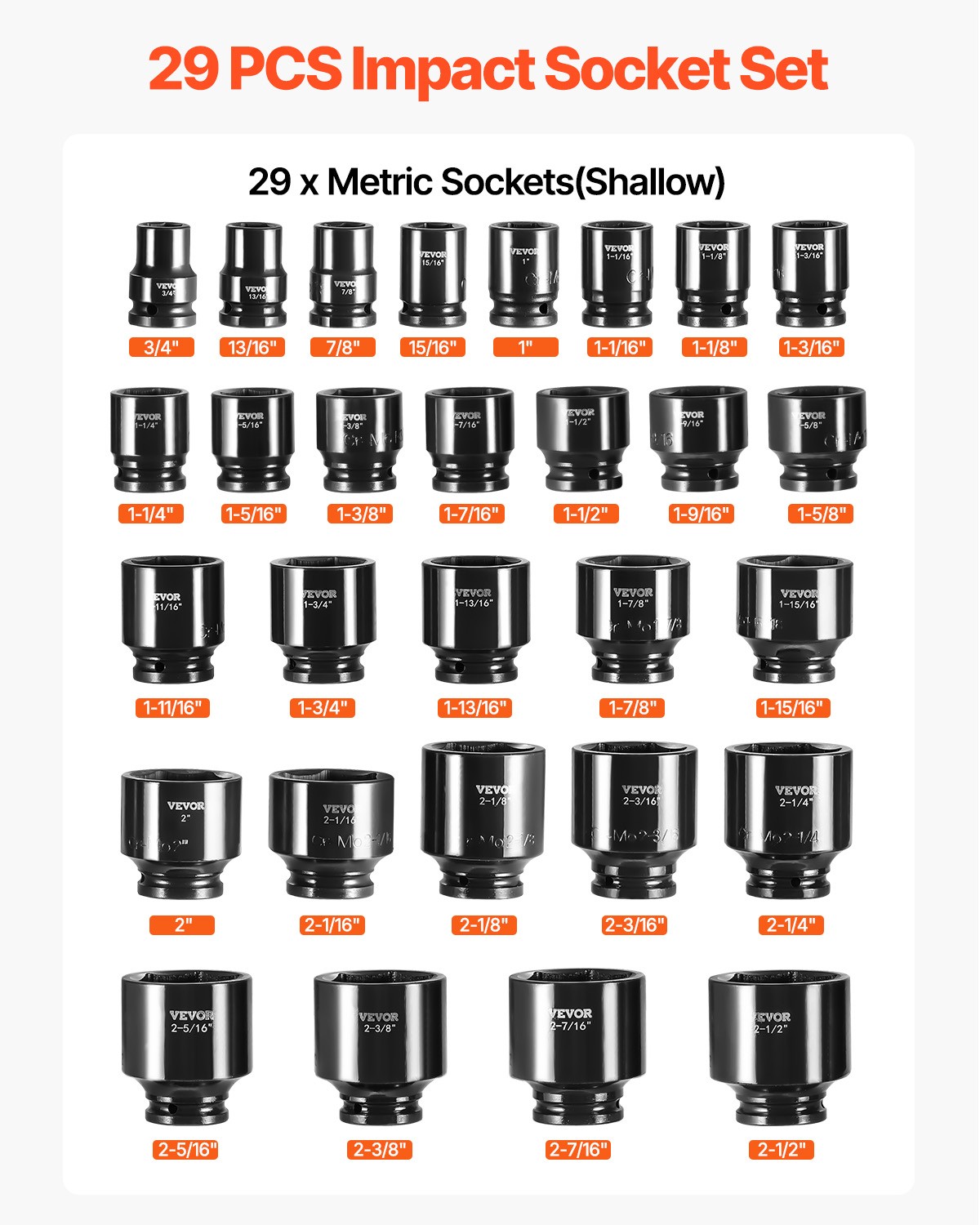 VEVOR Impact Sockets Set 3/4 Inch Drive 29 PCS 3/4 inch – 2-1/2 inch 6-Point Set