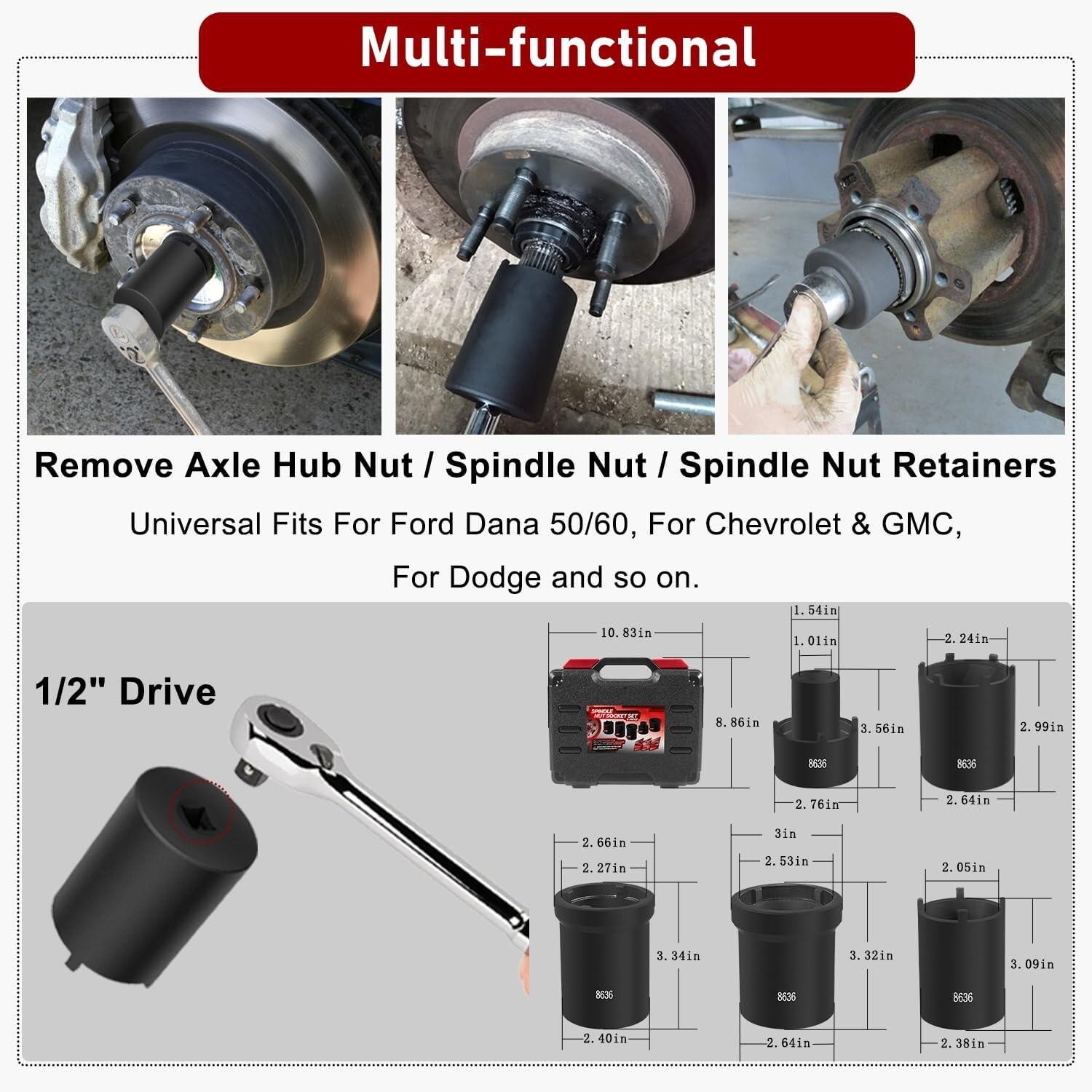 5pcs Spindle Nut Sockets Kit Axle Hub Nut Socket For Ford Dana 50/60, 1/2″ Drive