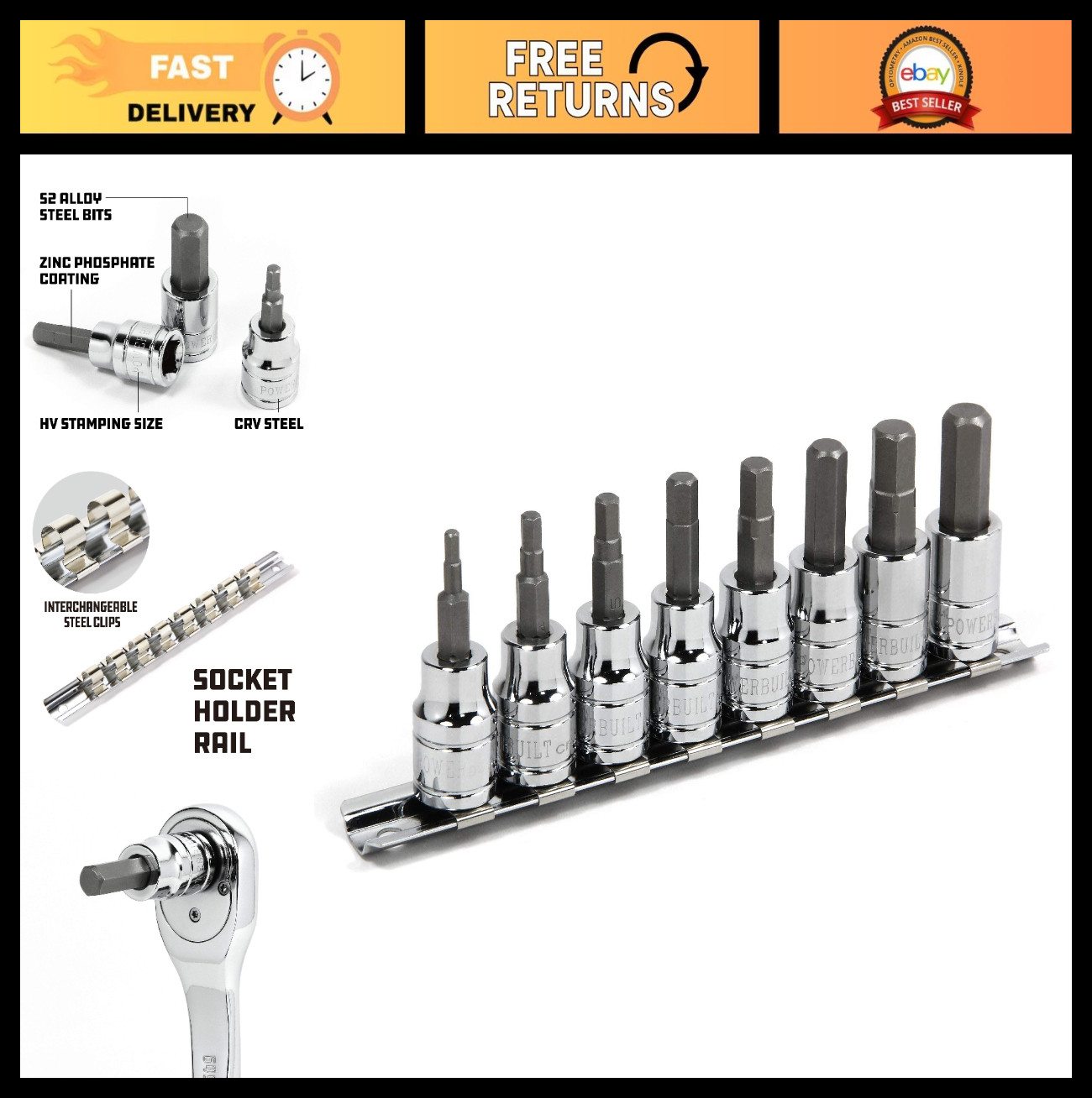 8-Piece Hex Bit Socket Set, 3/8″ Drive Metric, Ball End Sockets 3-10mm, Storage