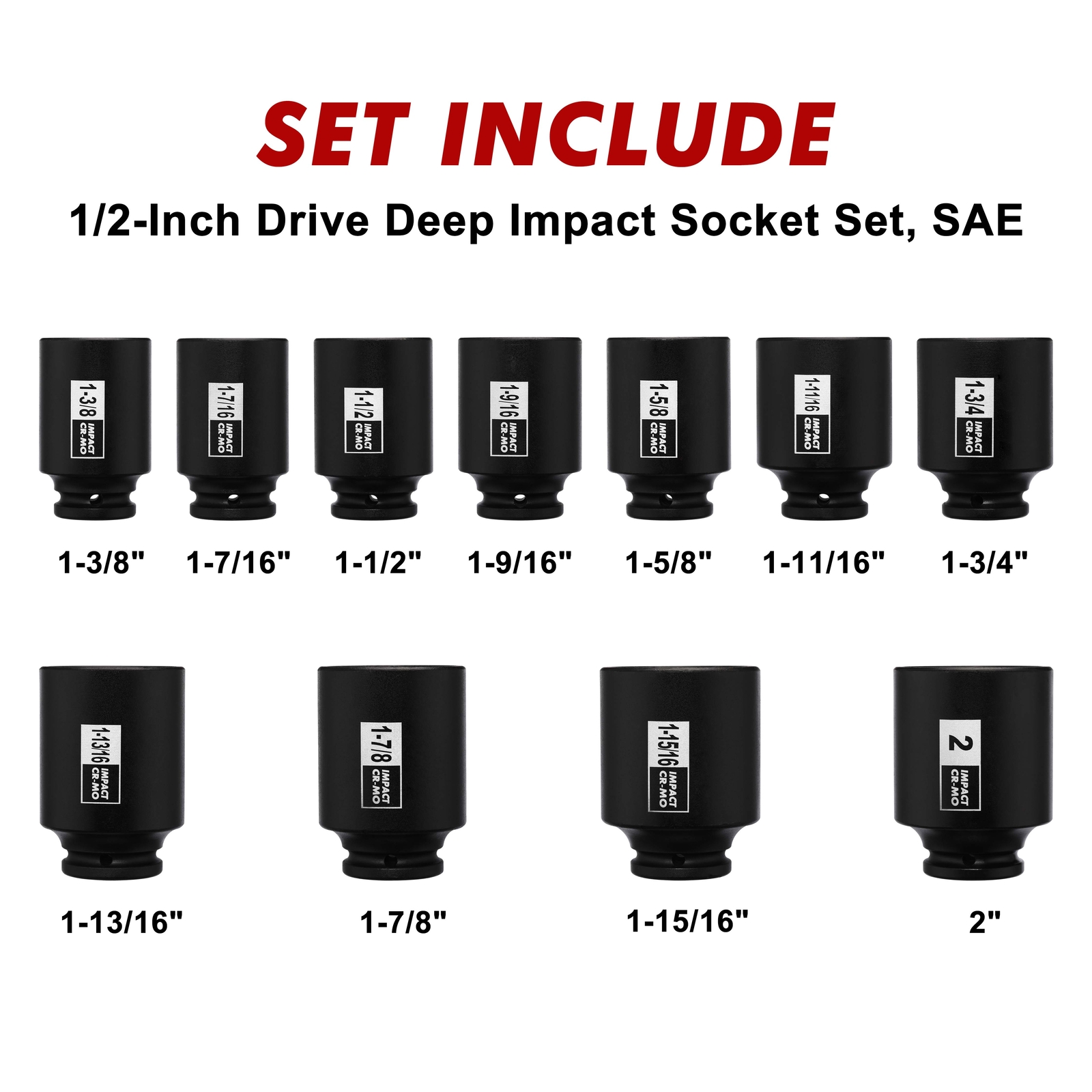 Impact Socket Set 1/2 inch 11PCS 6 Point 1-3/8-Inch to 2Inch SAE CR-MO