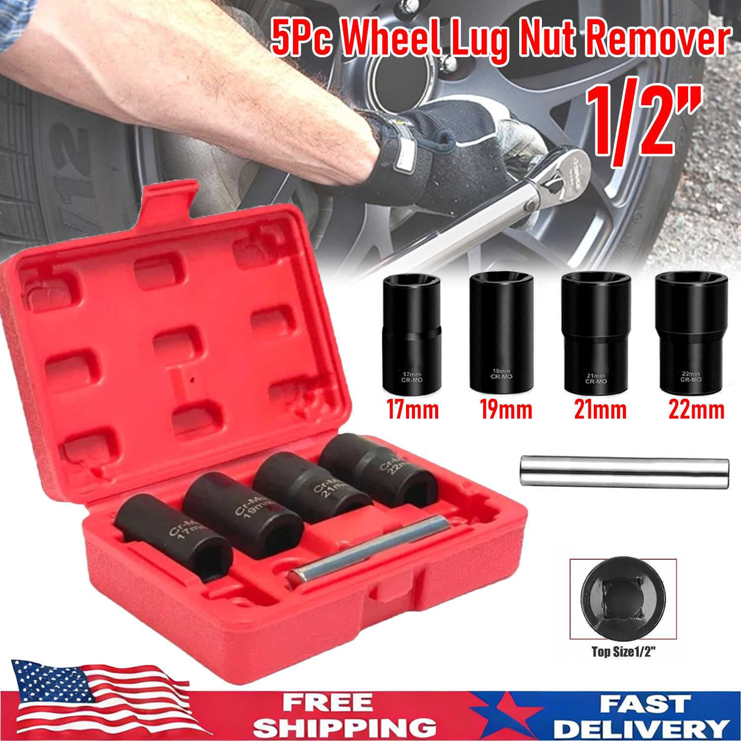 5Pc Wheel Lug Nut Remover 1/2″ Drive Twist Socket Kit Remove Damaged Locked Nut