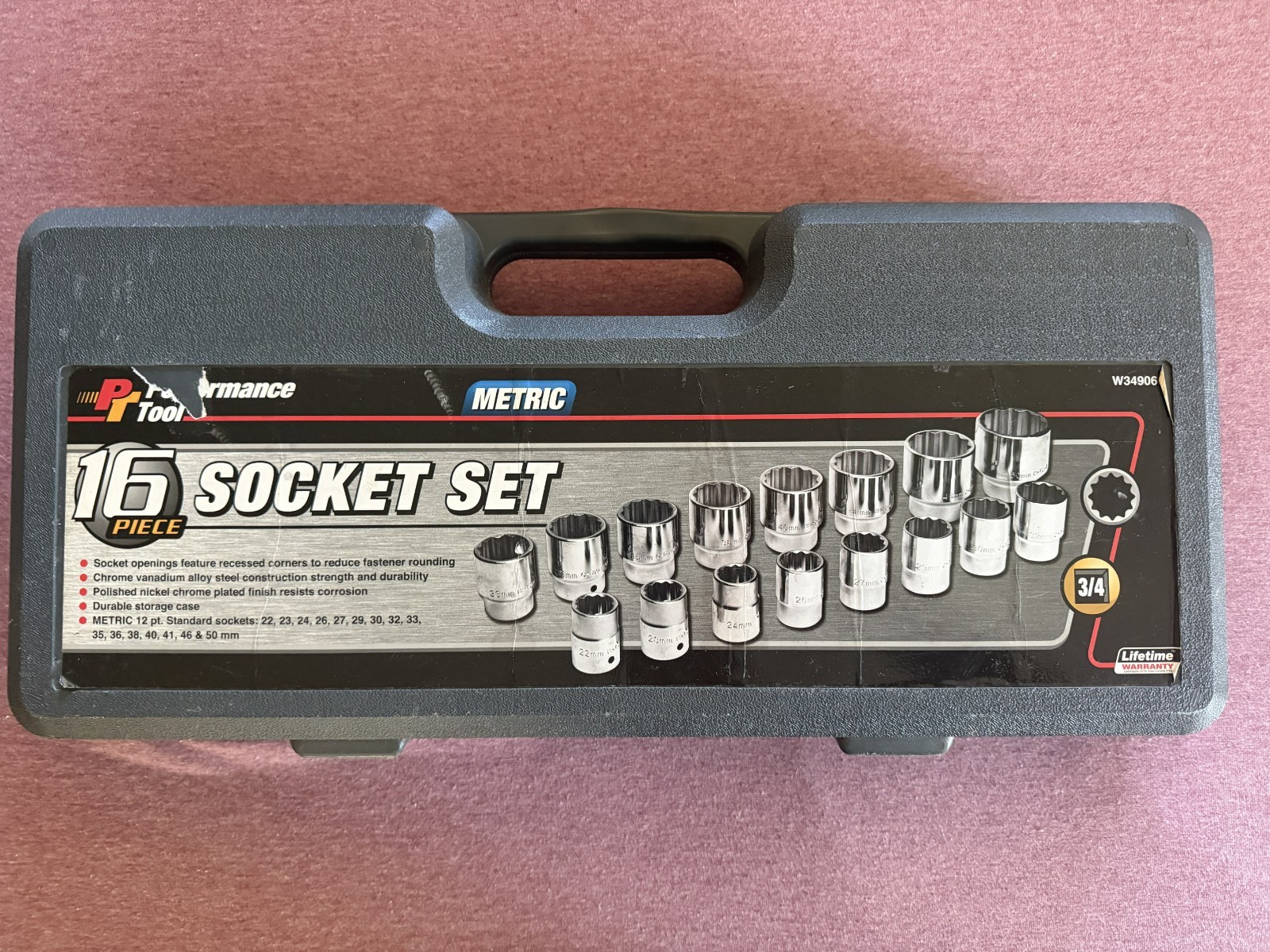 Performance Tool W34906 16pc 3/4” Drive Metric 12-Point Socket Set 22–50mm
