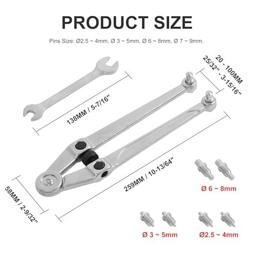 Adjustable Pin Spanner Wrench Set for Gland Nuts, 25/32″ to 3-15/16