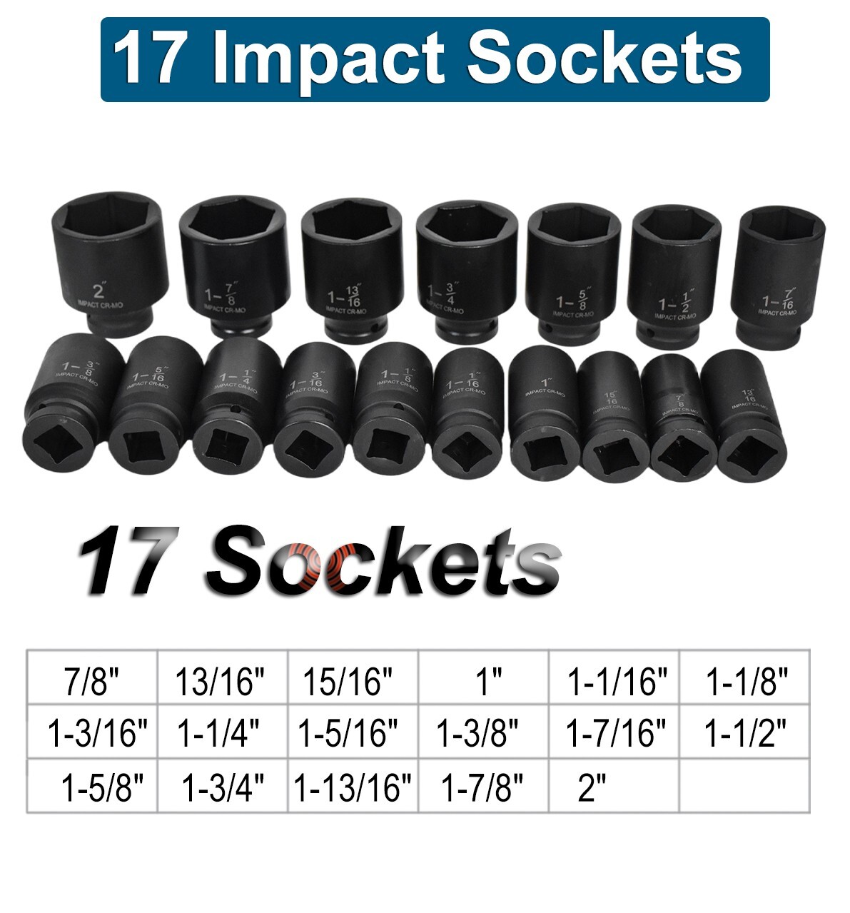 Impact Socket Set 22 PCs 3/4″ Drive 6 Point SAE Master 7/8″ inch-2″ inch&13/16″