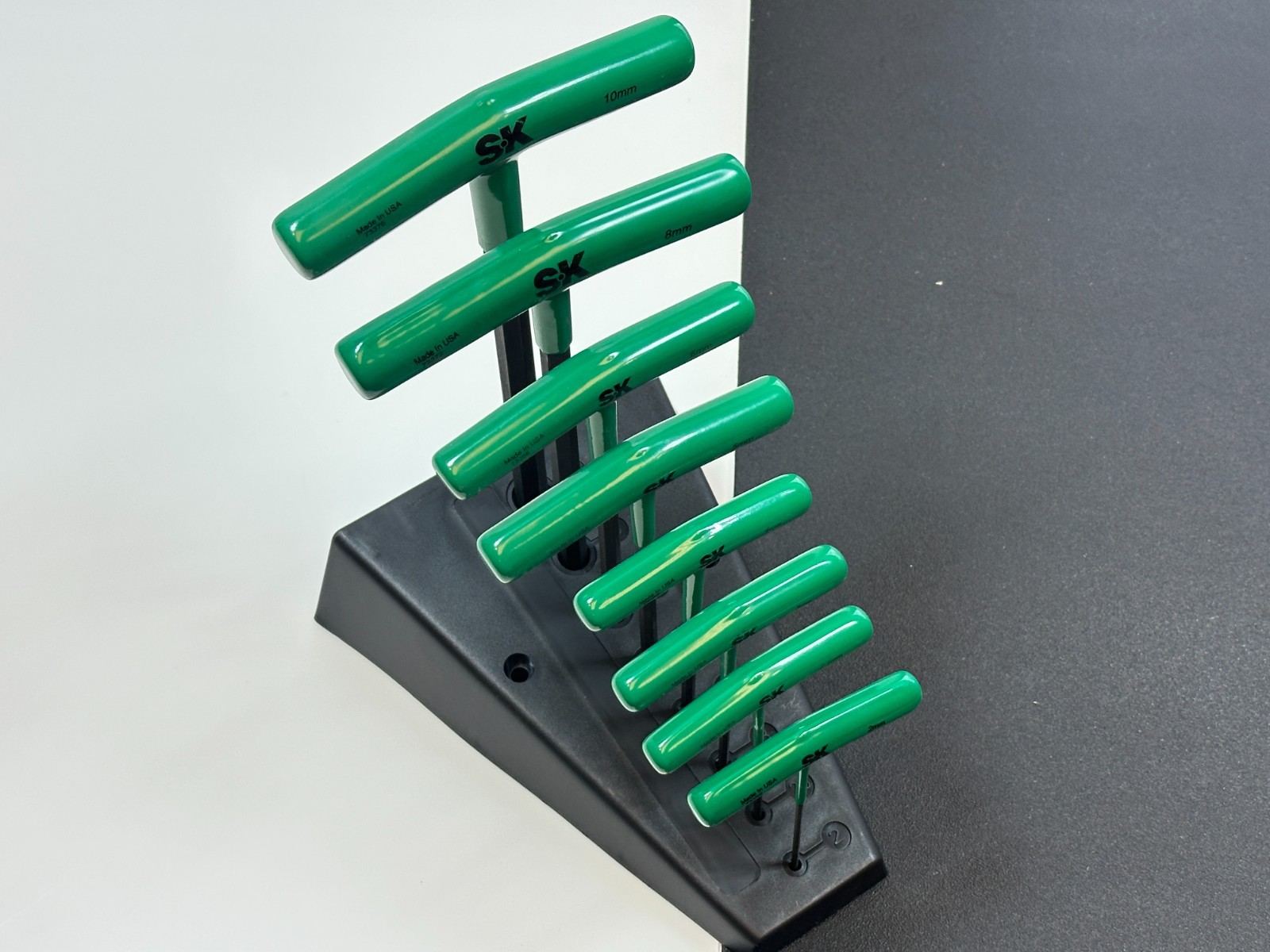 SK Tools USA 73389 8pc Metric 2mm-10mm GREEN T-Handle Hex Key Set w/ Stand NOS