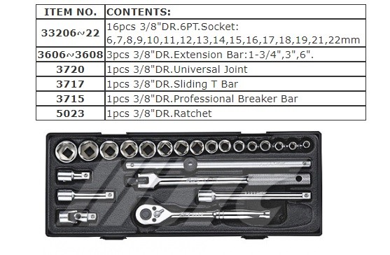 3/8″ DR. 23 PCS SOCKET SET 6~22 MM, JTC TOOLS # K3231