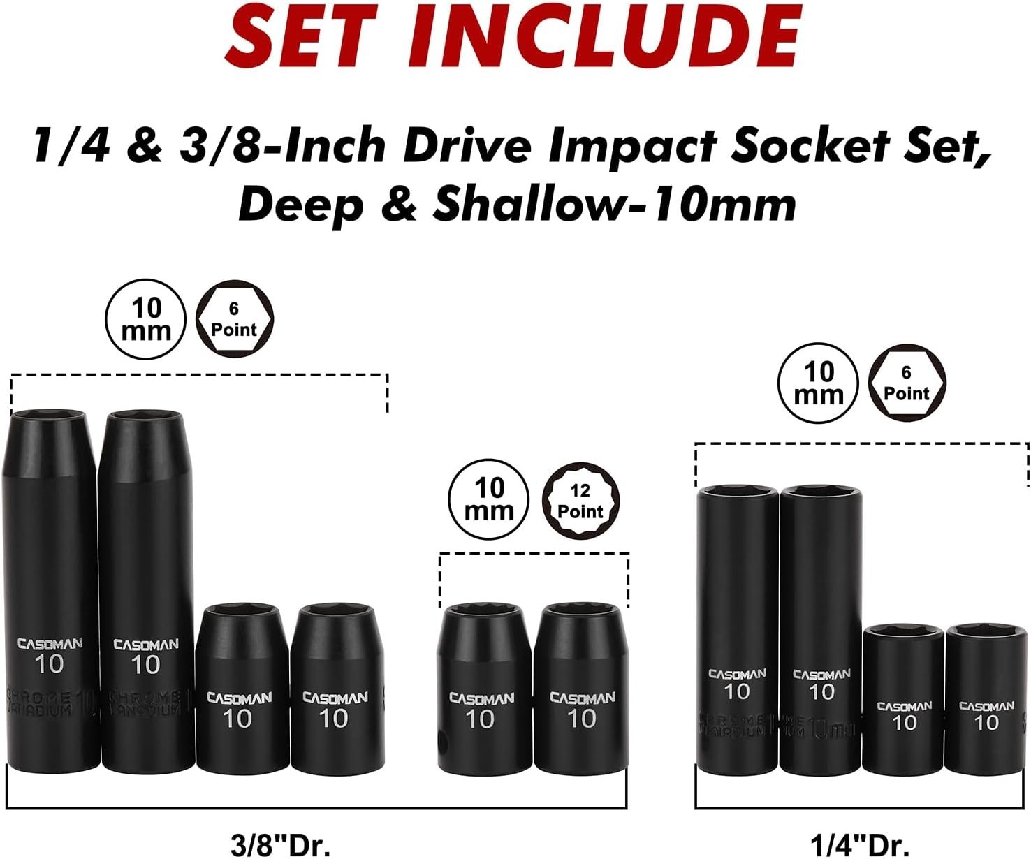 Impact Socket Set 10pcs 10mm Chrome Vanadium 1/4 3/8 Drive Black Finish