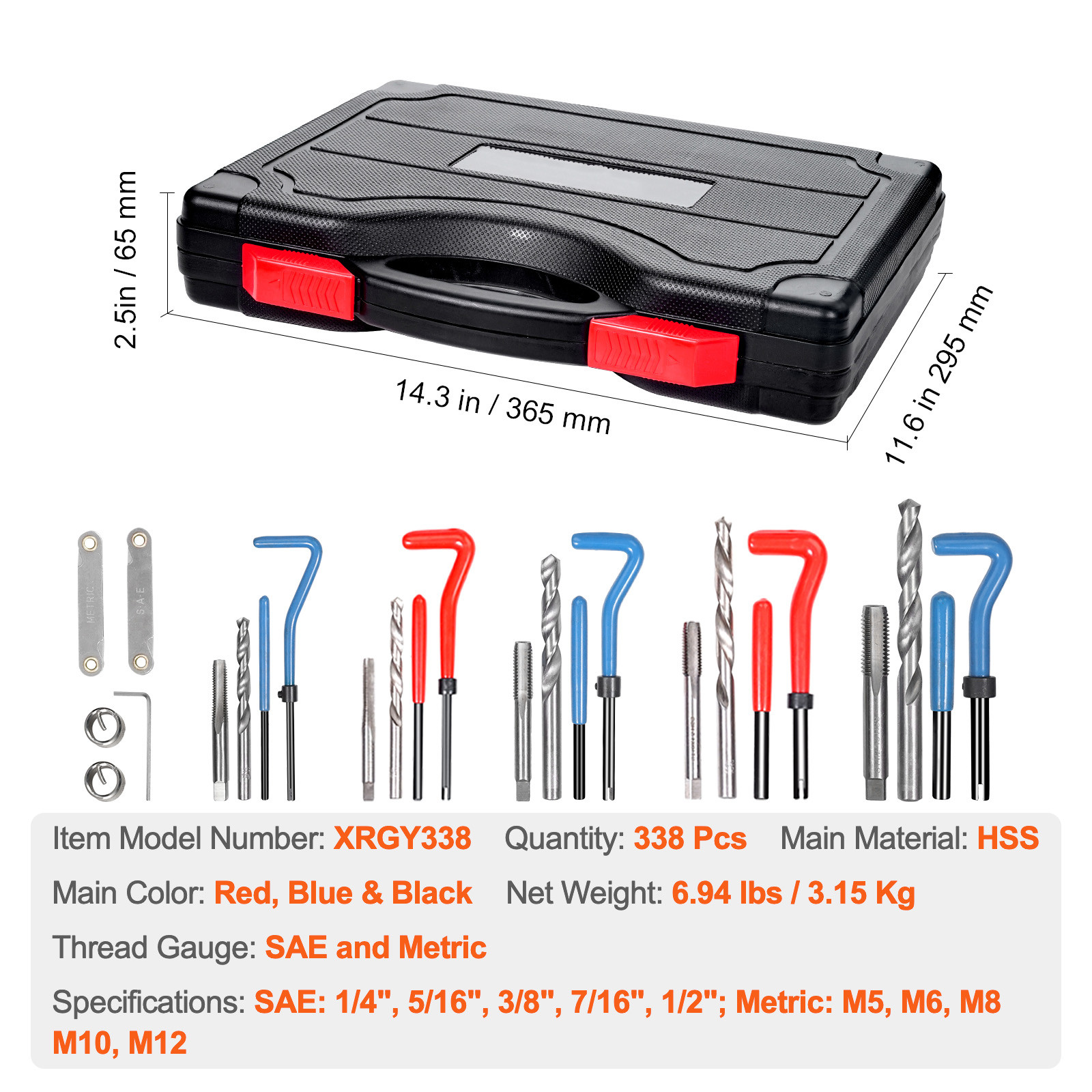 VEVOR Helicoil Thread Repair Kit 338-Piece SAE and Metric Rethreading Tool Kit