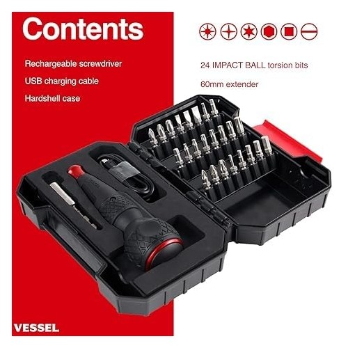 Vessel Tools Ball Grip Electric Cordless Screwdriver Kit, 1/4″ Hex Drive