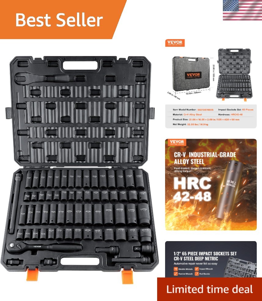 Durable 1/2″ Drive Impact Socket Set – 65 Pieces, Easy Size Markings & Storage