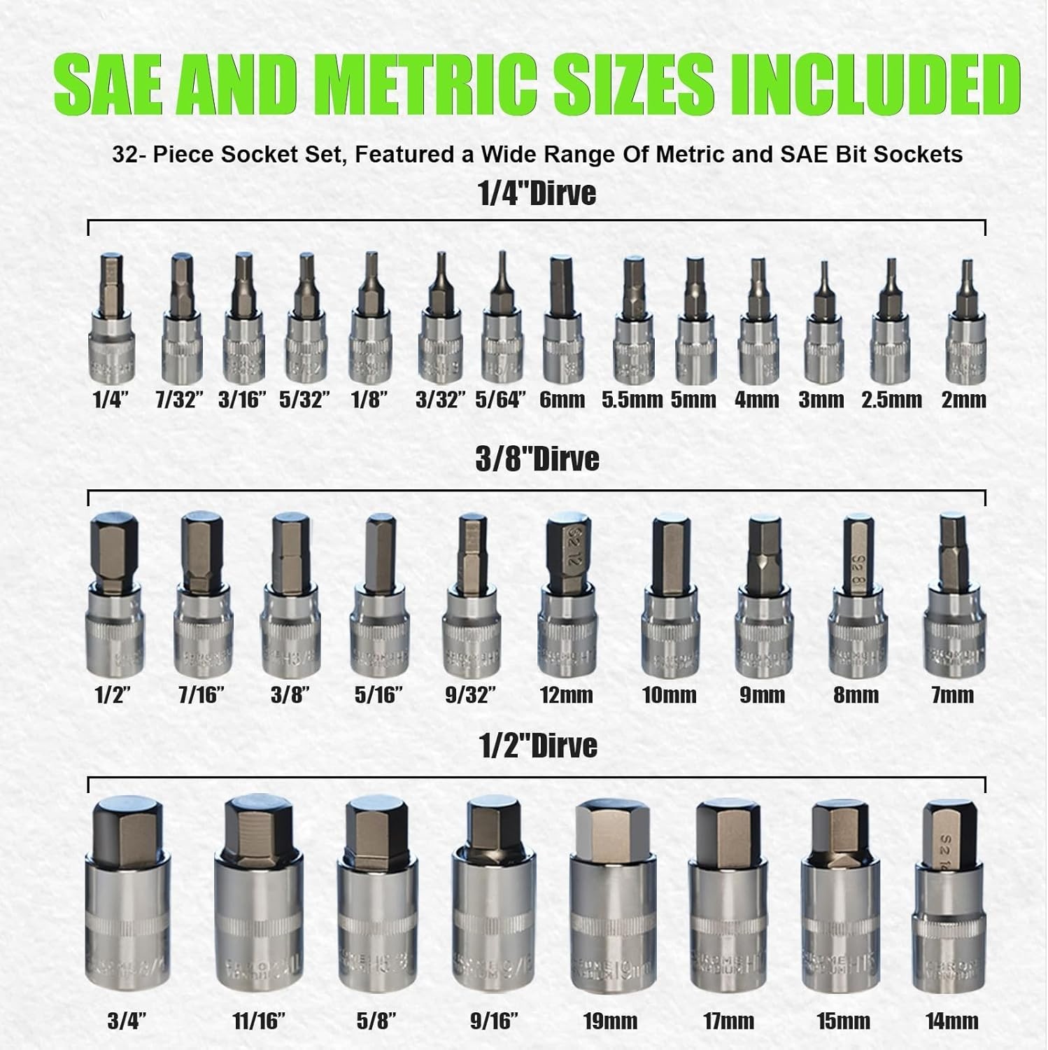 32 Piece Allen Socket Set, Hex Bit Socket Set, SAE Metric Sizes