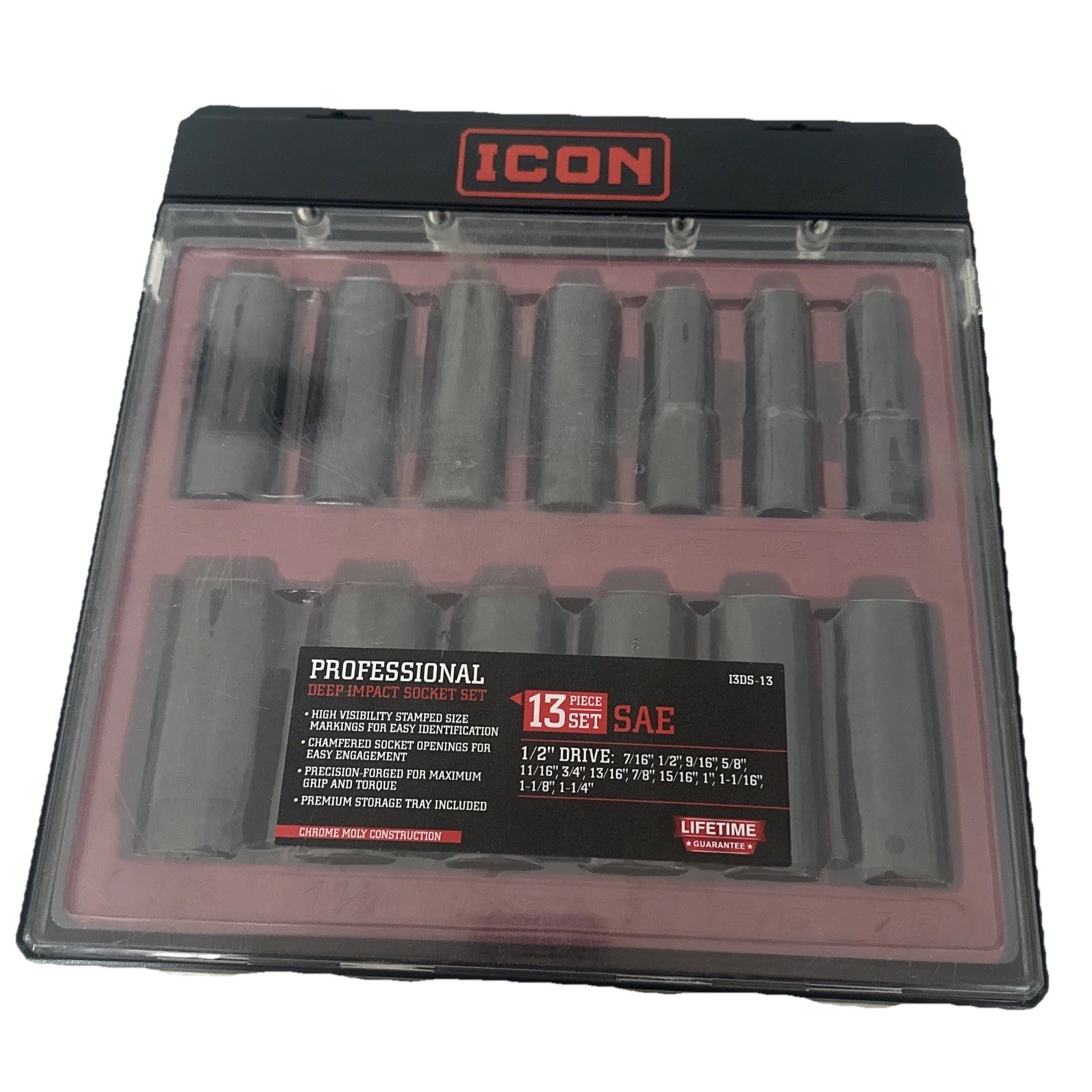 ICON Deep Impact Socket Set 1/2″ Drive SAE 6 Point 13 Pc. 7/16” To 1-1/4” – New
