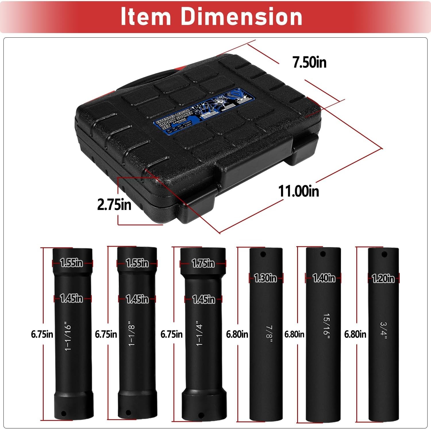 1/2» Drive Heavy Duty Extended Length Impact Socket Set With Case (6PCS)