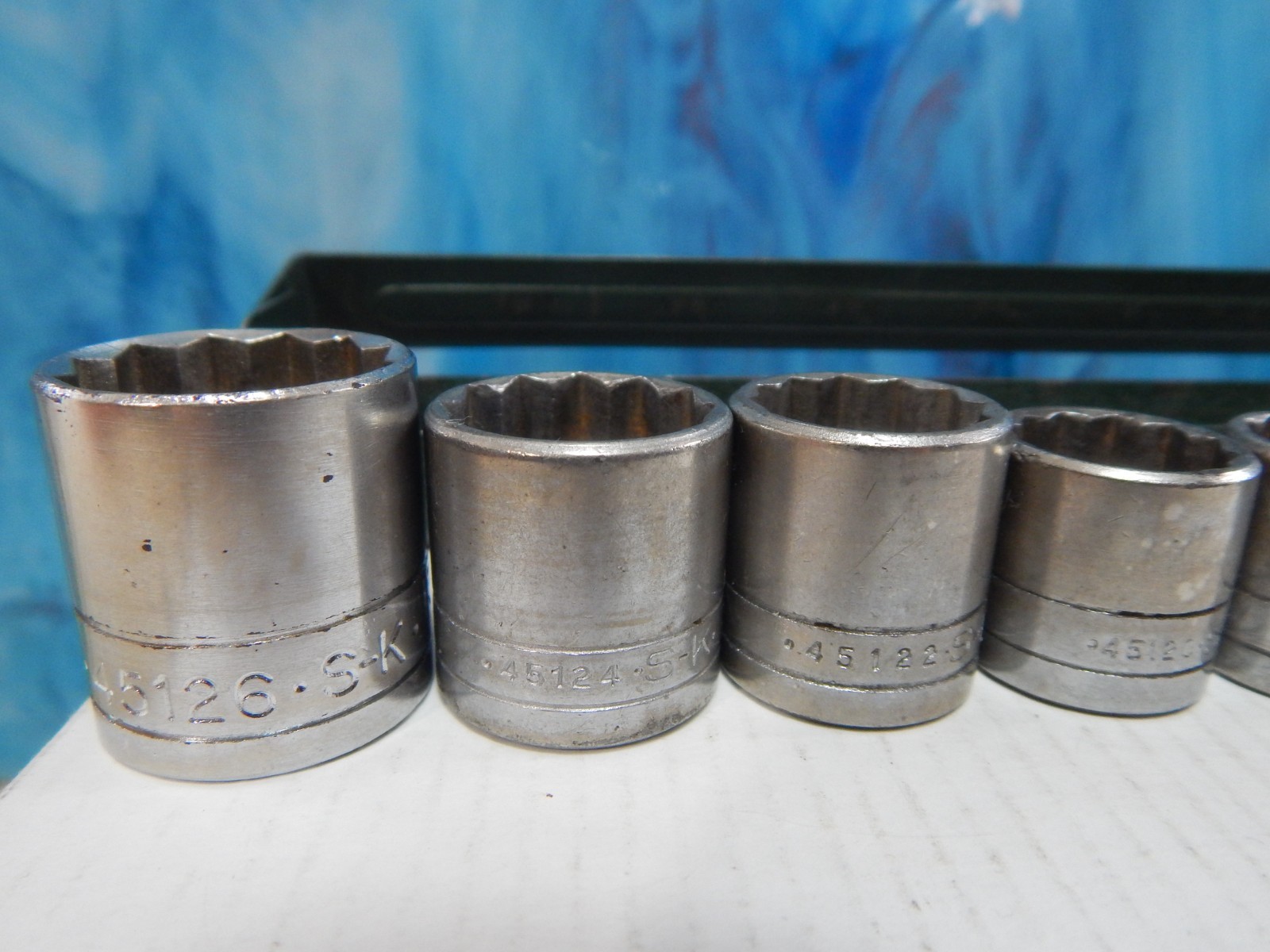 S-K tools 3/8 dr. socket set 8 piece ,carry tray, Vintage SAE Shallow, 3/8-13/16