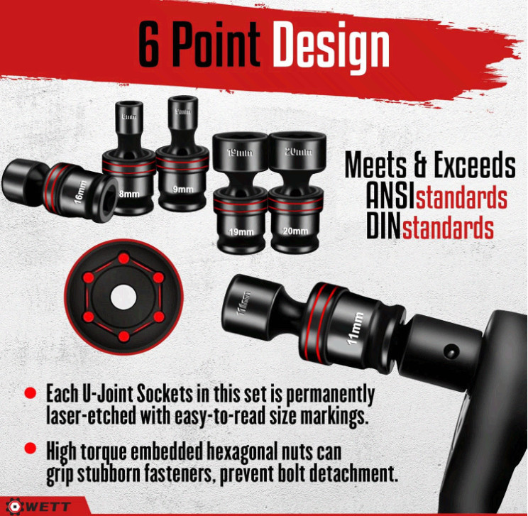 15PC 3/8″ Drive Impact Universal Joint Swivel Socket Set Metric 8-22mm
