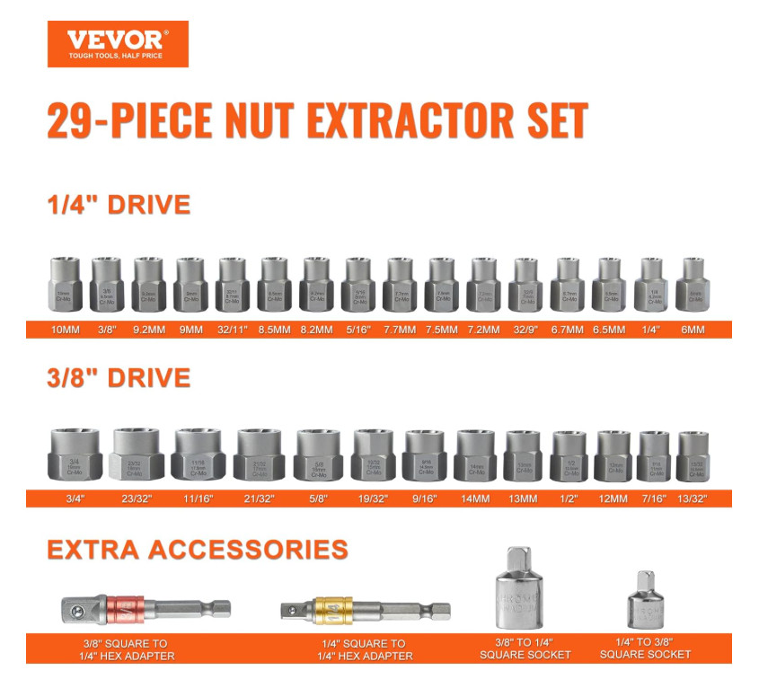 Bolt Extractor Set, 29-Pieces Bolt and Nut Remover Socket Set with Storage Case