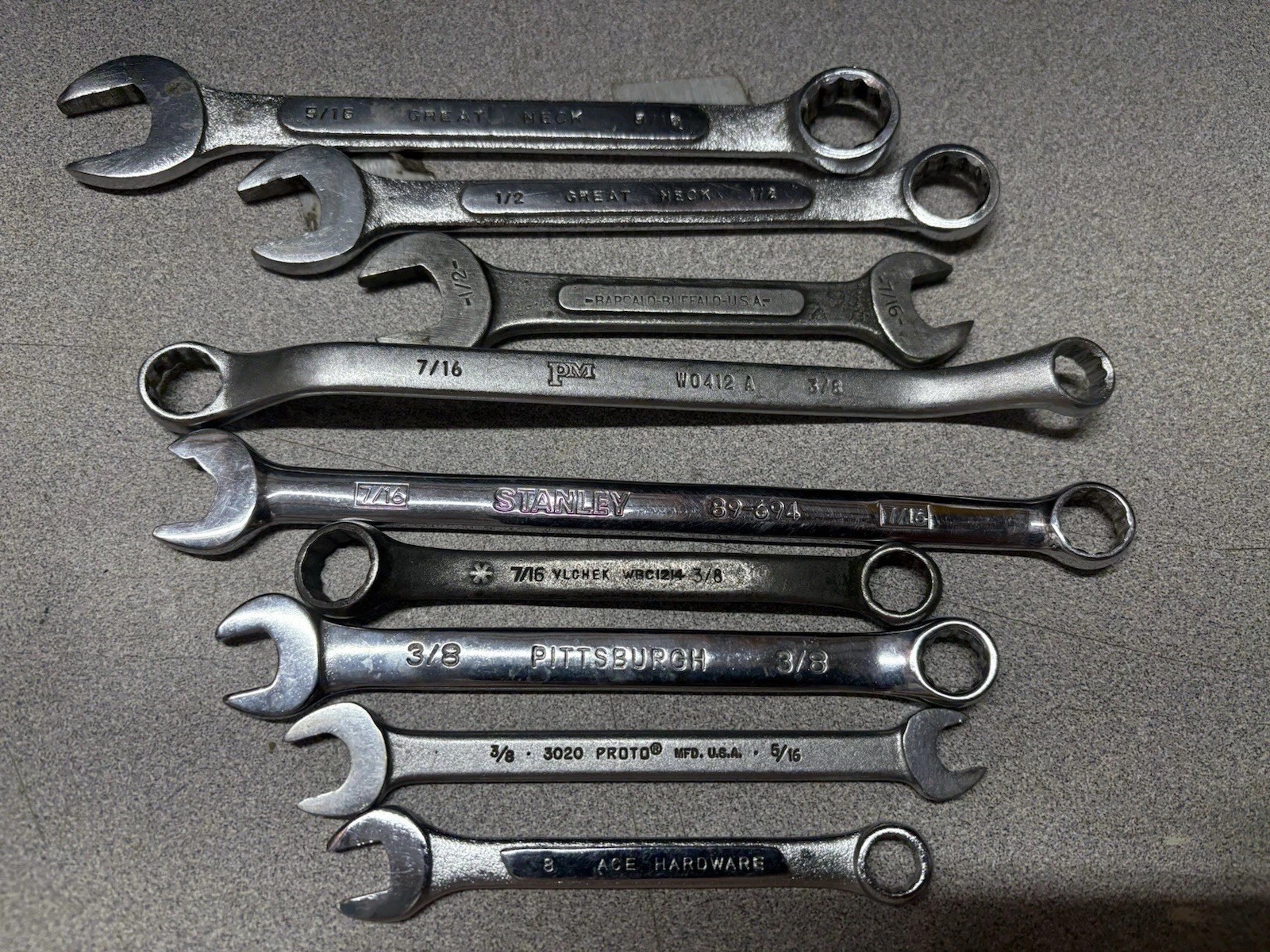 7-ASST. COMBO WRENCHES-Proto Tools 3020 5/16+PM+ACE+STANLEY 3/8-9/16” ASST. L-GN