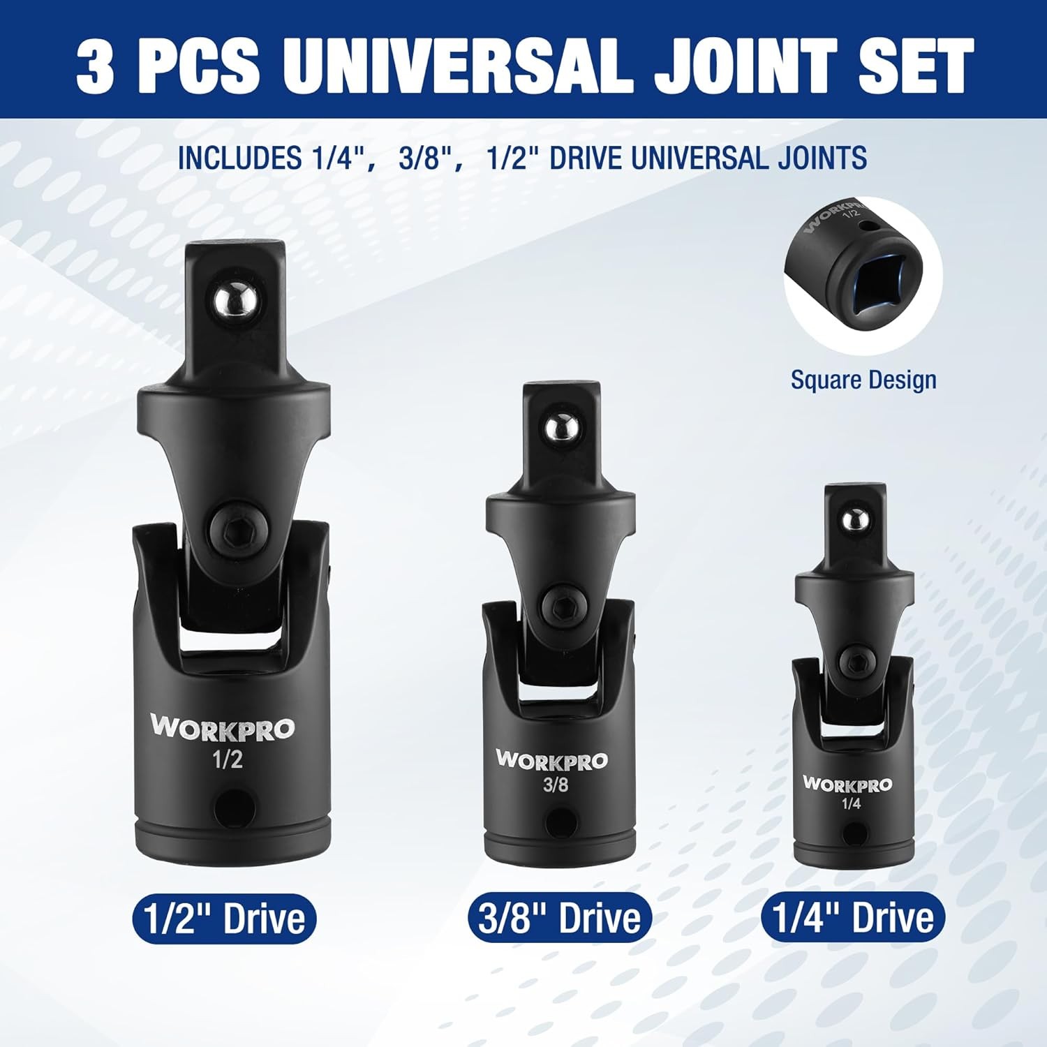 WORKPRO 3-Piece 1/4″ 3/8″ 1/2″ Drive Universal Joint Socket Adapter Set U-Joint