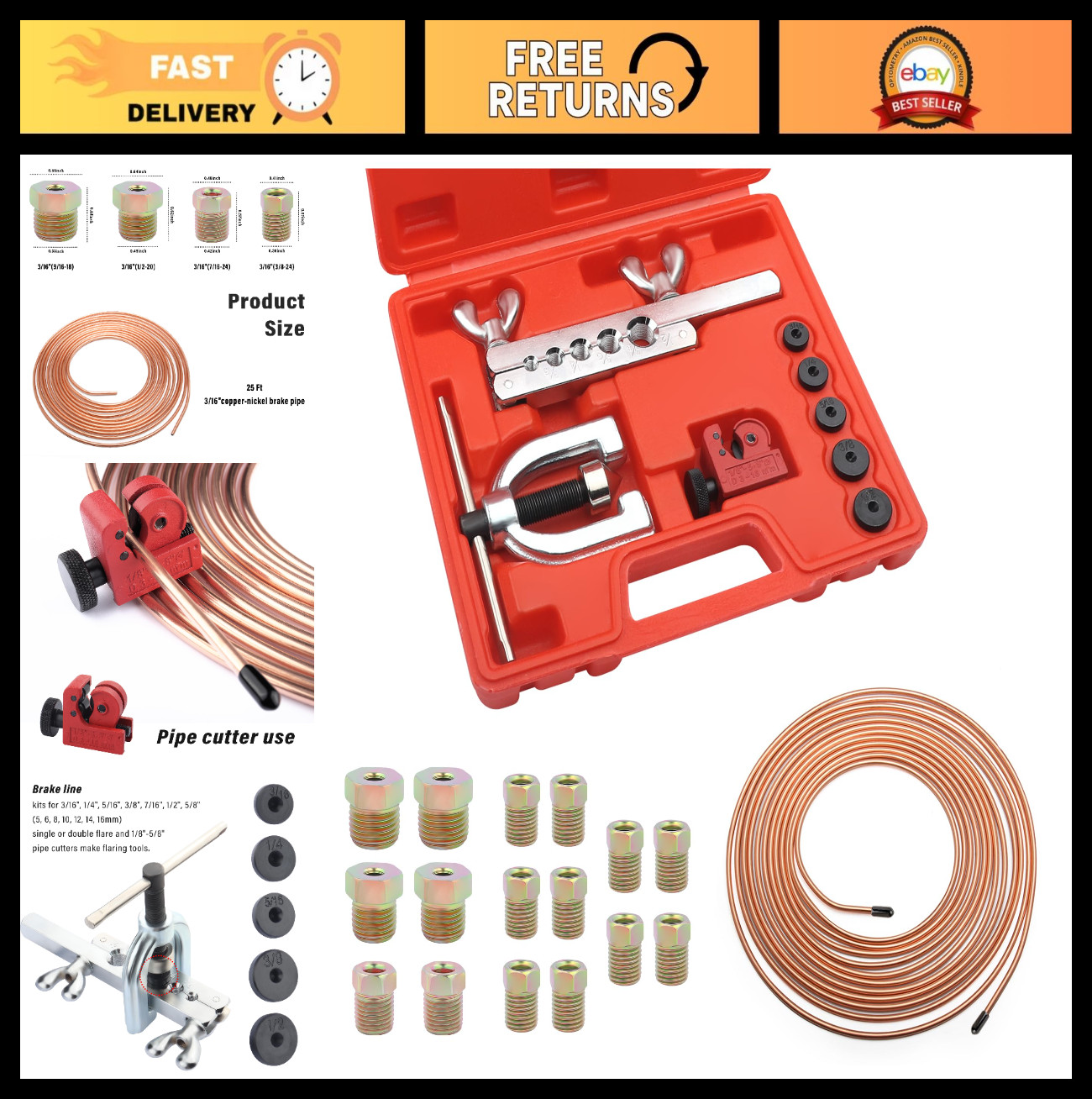 3/16″ Brake Line Kit – 16 Fittings, Tubing Bender & Flaring Tool for Hydraulic S