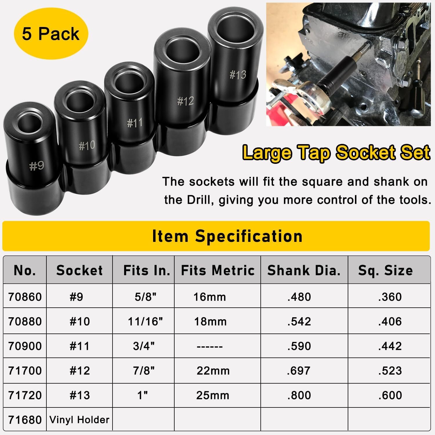 71670 Large Standard Tap Socket Set 5/8″ 11/16″ 3/4″ 7/8″ 1″ Taps 1/2″ Drive