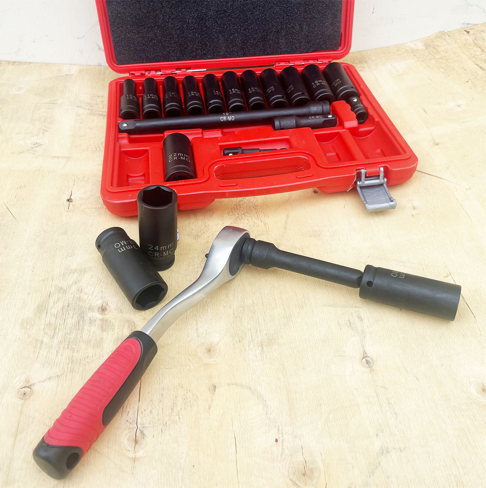 21PCS Metric 1/2″ Dr. Deep Impact Socket Set w/3 Extension Bars & Offset Ratchet