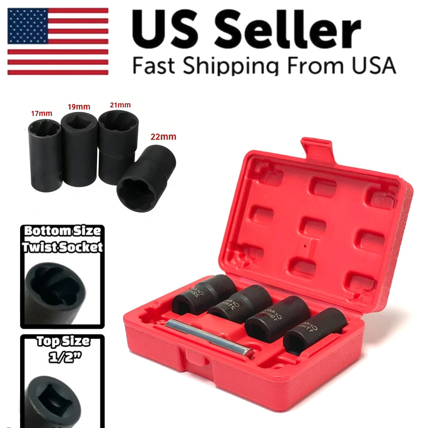 5Pc Wheel Lug Nut Remover 1/2″ Drive Twist Socket Kit Remove Damaged Locked Nut