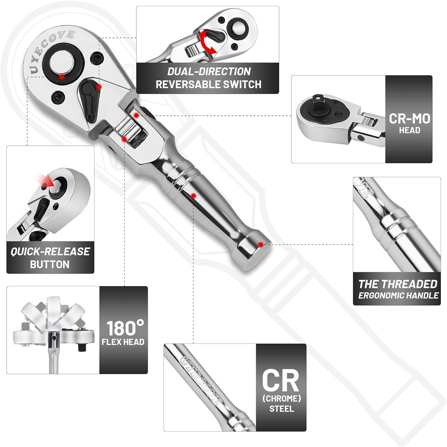 1/4 3/8 Inch Drive Stubby Ratchet, Flex Head Ratchet Set Mini Stubby Wrench Set