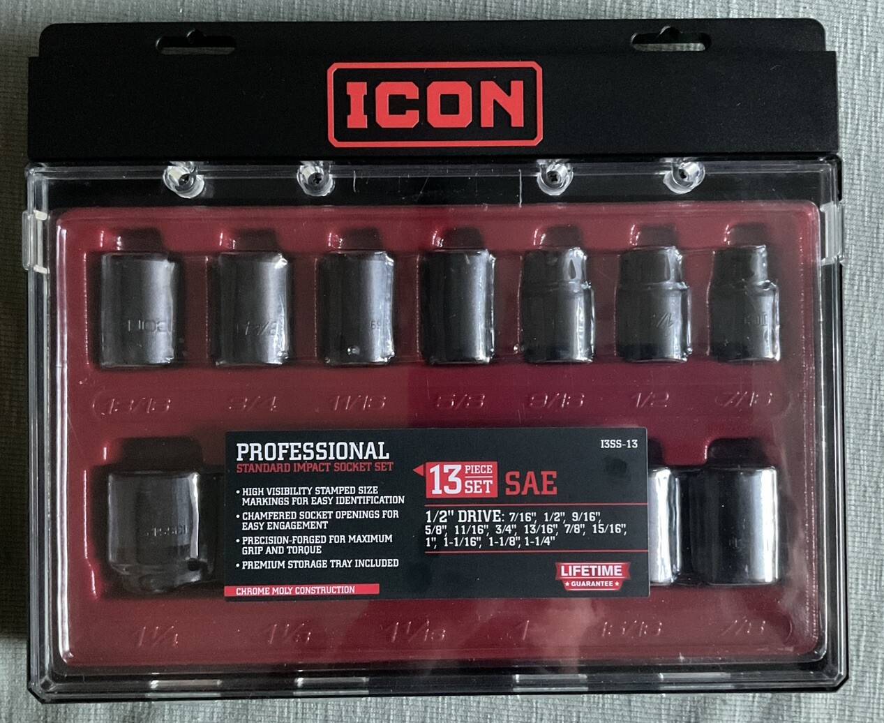 ICON Professional Standard Impact 13 Piece Socket 1/2 Drive Set SAE 13SS-13