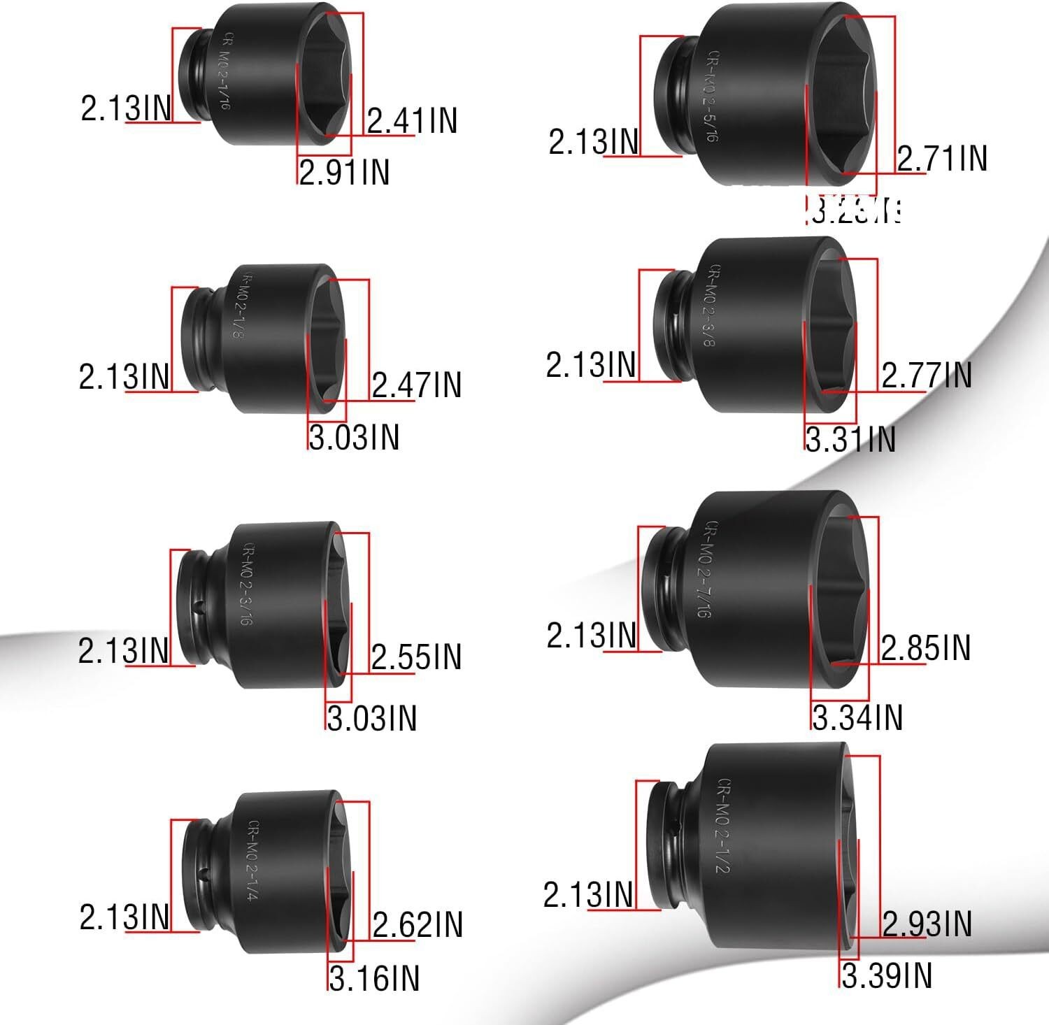 8pc 3/4Inch Drive Jumbo Deep Large Impact Socket Set 6 Point SAE 2-1/16 to 2-1/2