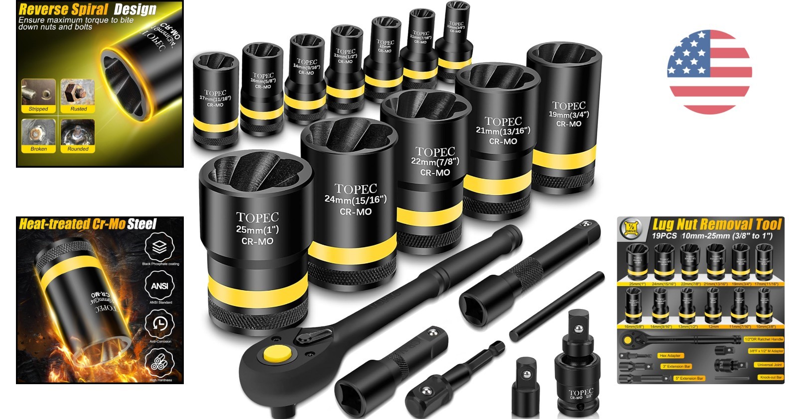 Efficient 19-Piece Lug Nut Extraction Kit – Corrosion-Resistant Steel Tools