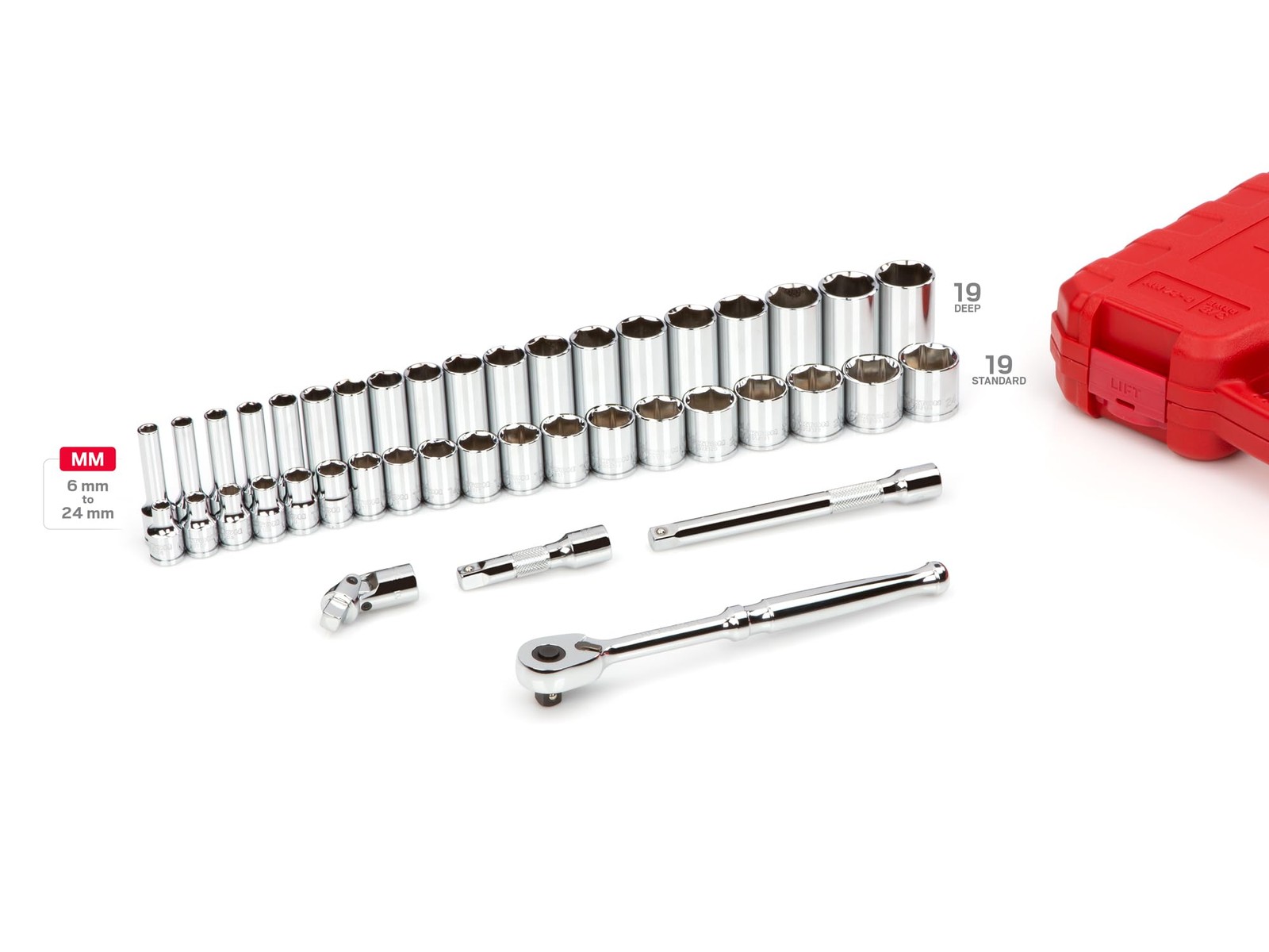 42 Piece Socket Set 3/8″ Drive 6 Point SAE Metric Ratchet Deep Shallow Case Tool