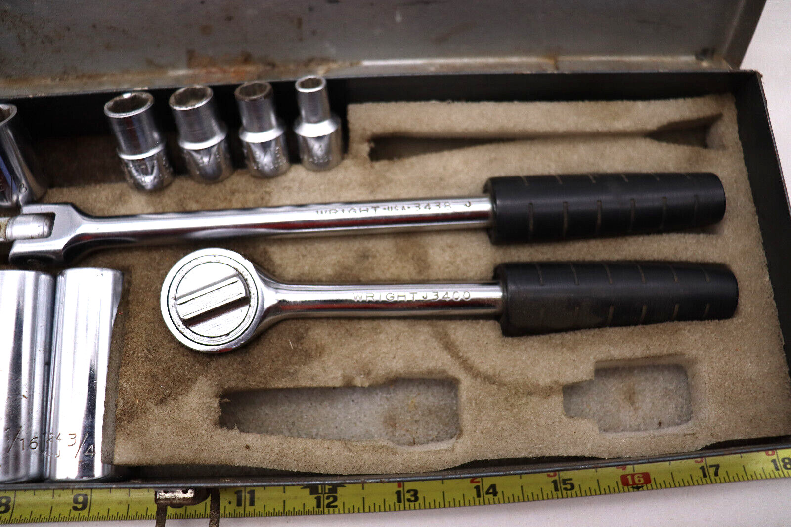 Vintage Wright Tool USA 3/8″ Drive Socket Set steel box Please See Description.