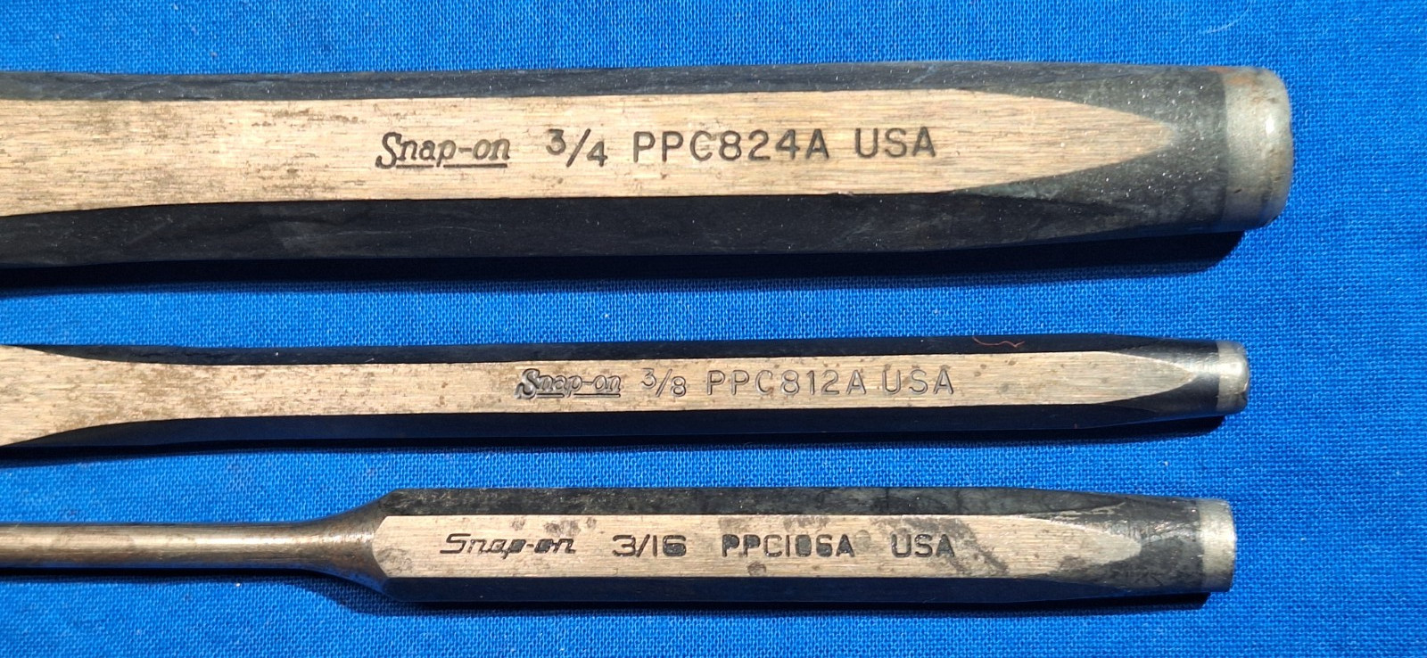 Snap-On PPC824A 3/4″ chisel, PPC812A 3/8″ chisel, PPC106A 3/16″ punch
