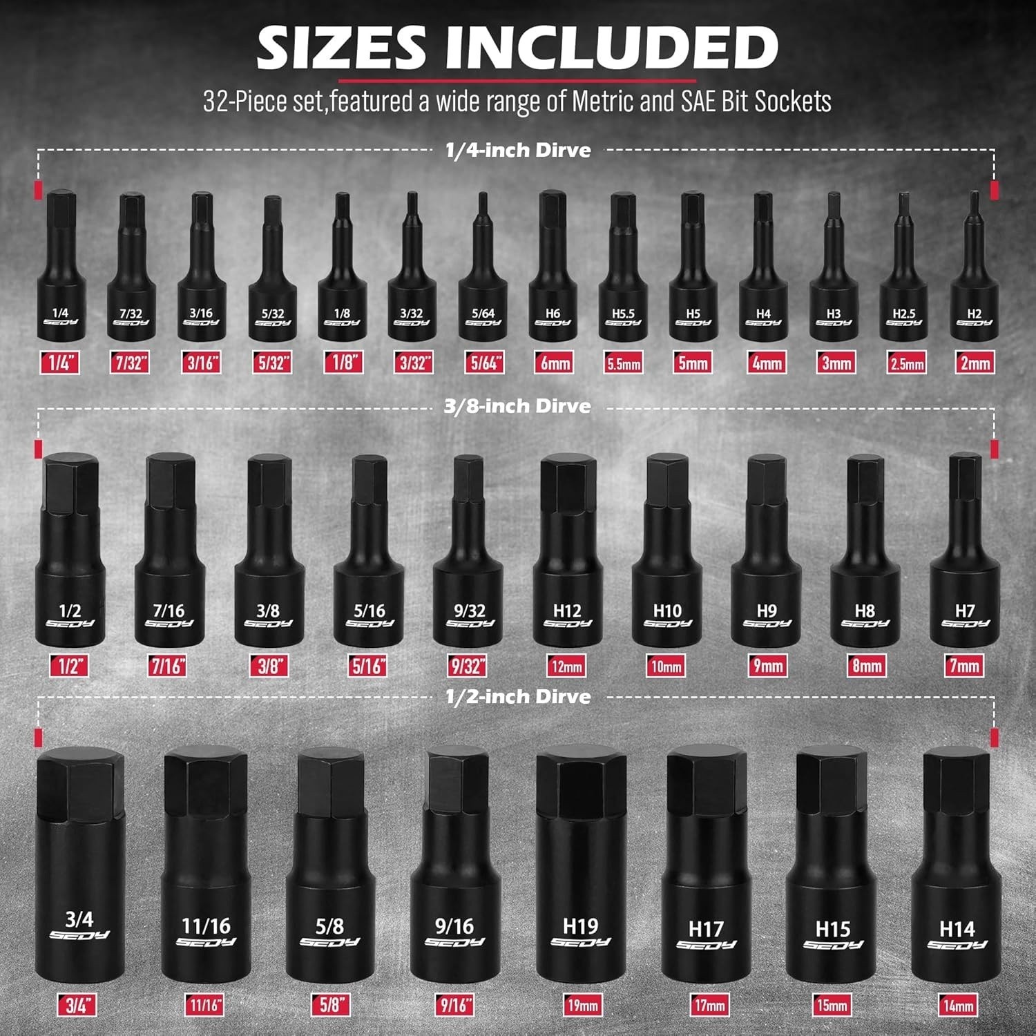 36PCS Hex Bit Impact Socket Set, 1/4″, 3/8″ and 1/2″ Drive, SAE and Metric Allen