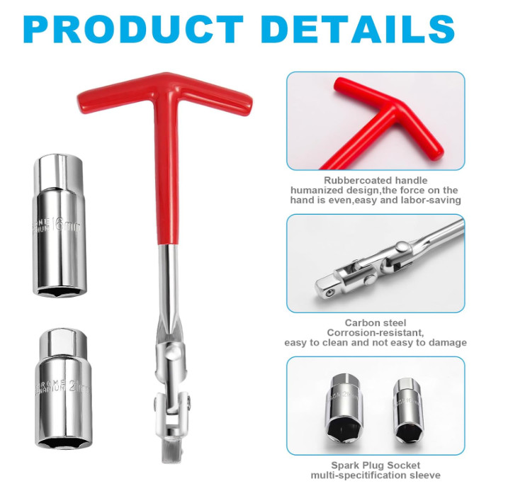 3Pcs Spark Plug Socket Wrench Set T-Handle Universal Tool Kit