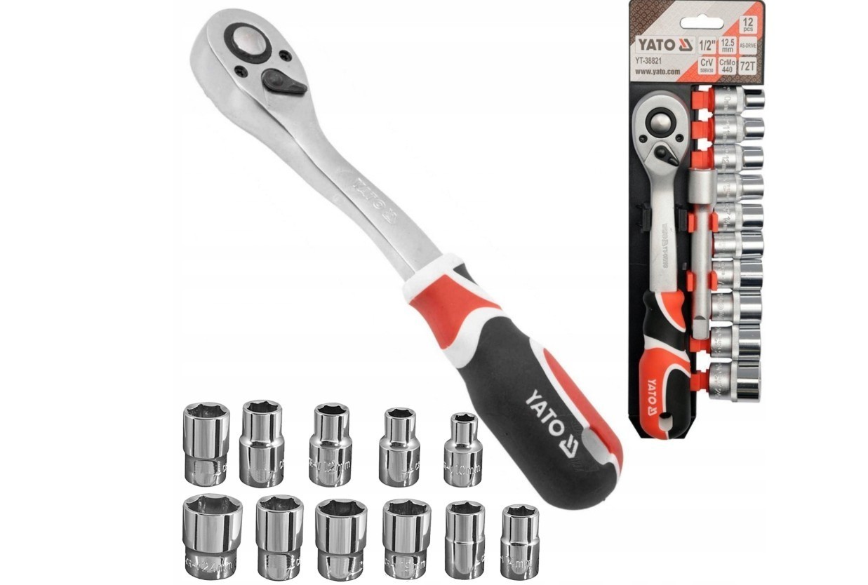 Drive Socket Set Metric 10–24mm CrV Steel Ratchet AS-DRI Yato YT-38821 12pc 1/2