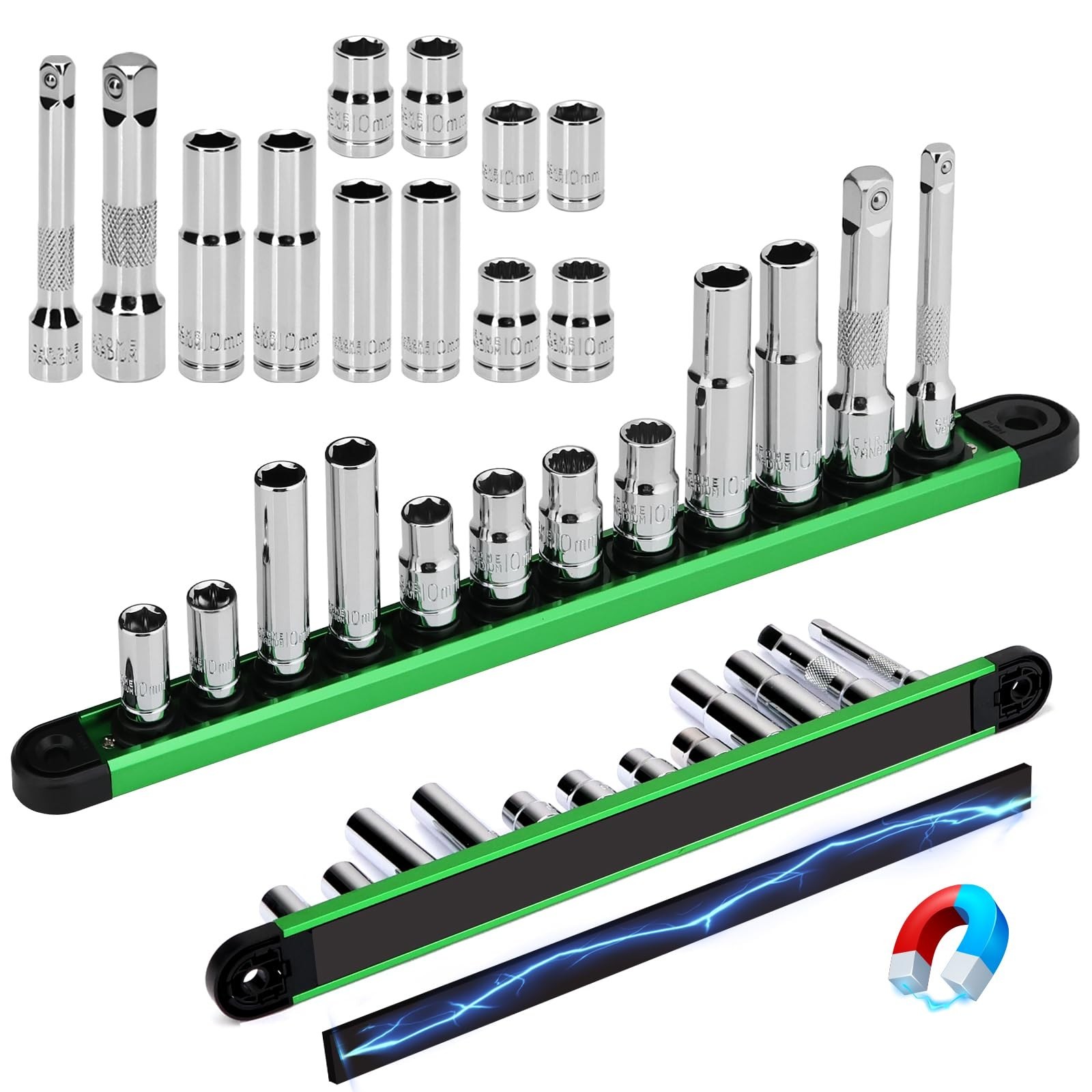 12-Piece 10mm Socket Set with Extensions, Deep & Shallow Sockets, Magnetic Rail