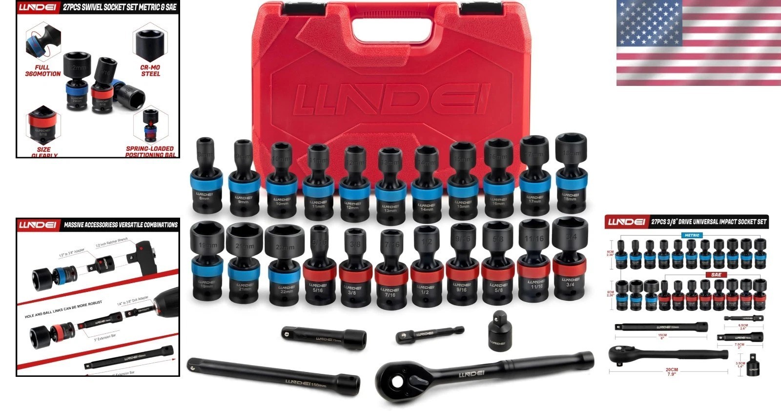 27Pcs 3/8″ Drive Swivel Impact Socket Set, CR-MO Swivel Socket Set Metric8-22…