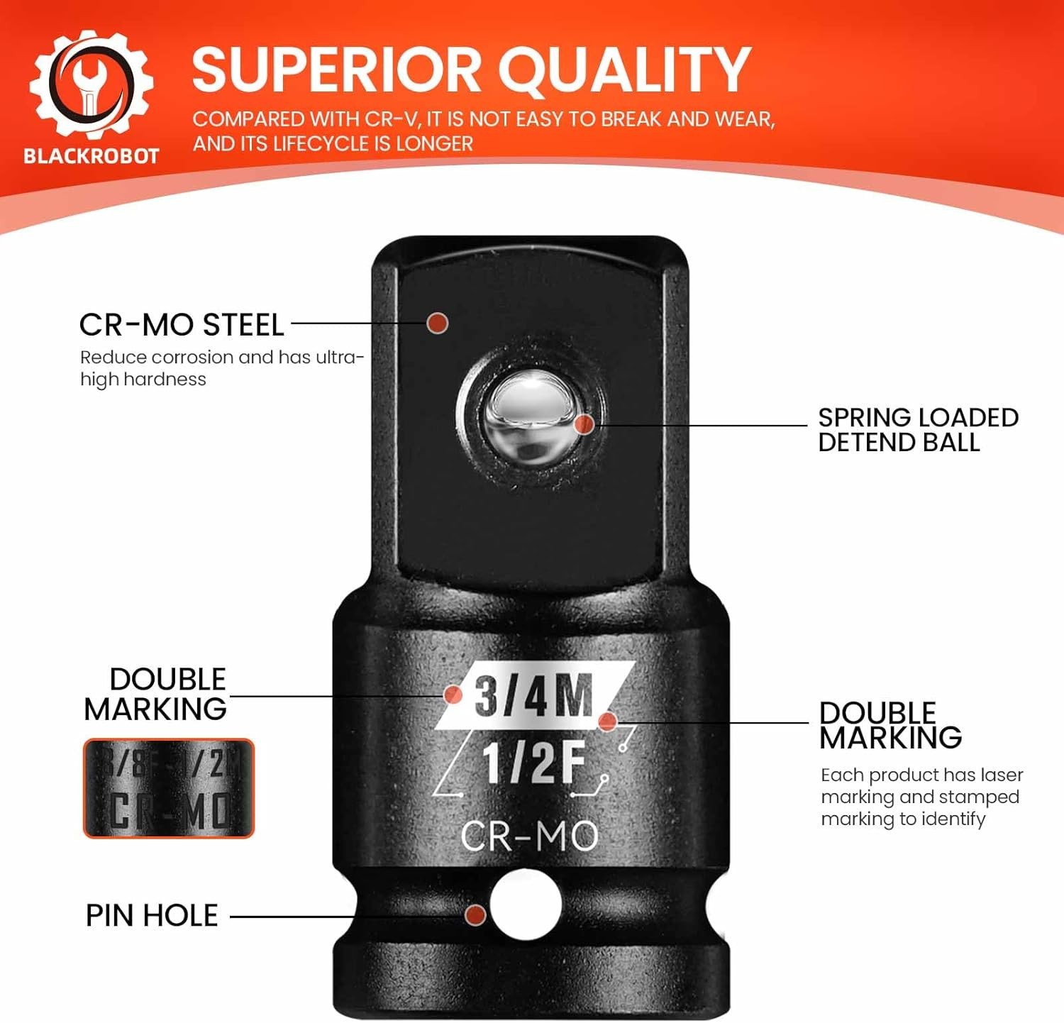 1/2”F To 3/4”M Impact Socket Adapter, Cr-Mo 1/2”F 3/4”M