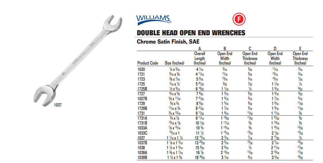 Williams Open End Wrench Chrome Satin Finish SAE