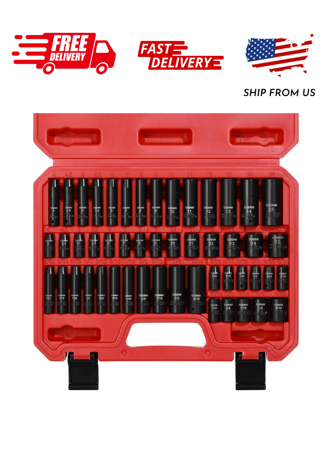 CASOMAN 1/4 Inch Drive Master Impact Socket Set, 50-Piece, SAE/Metric, 5/32 Inch