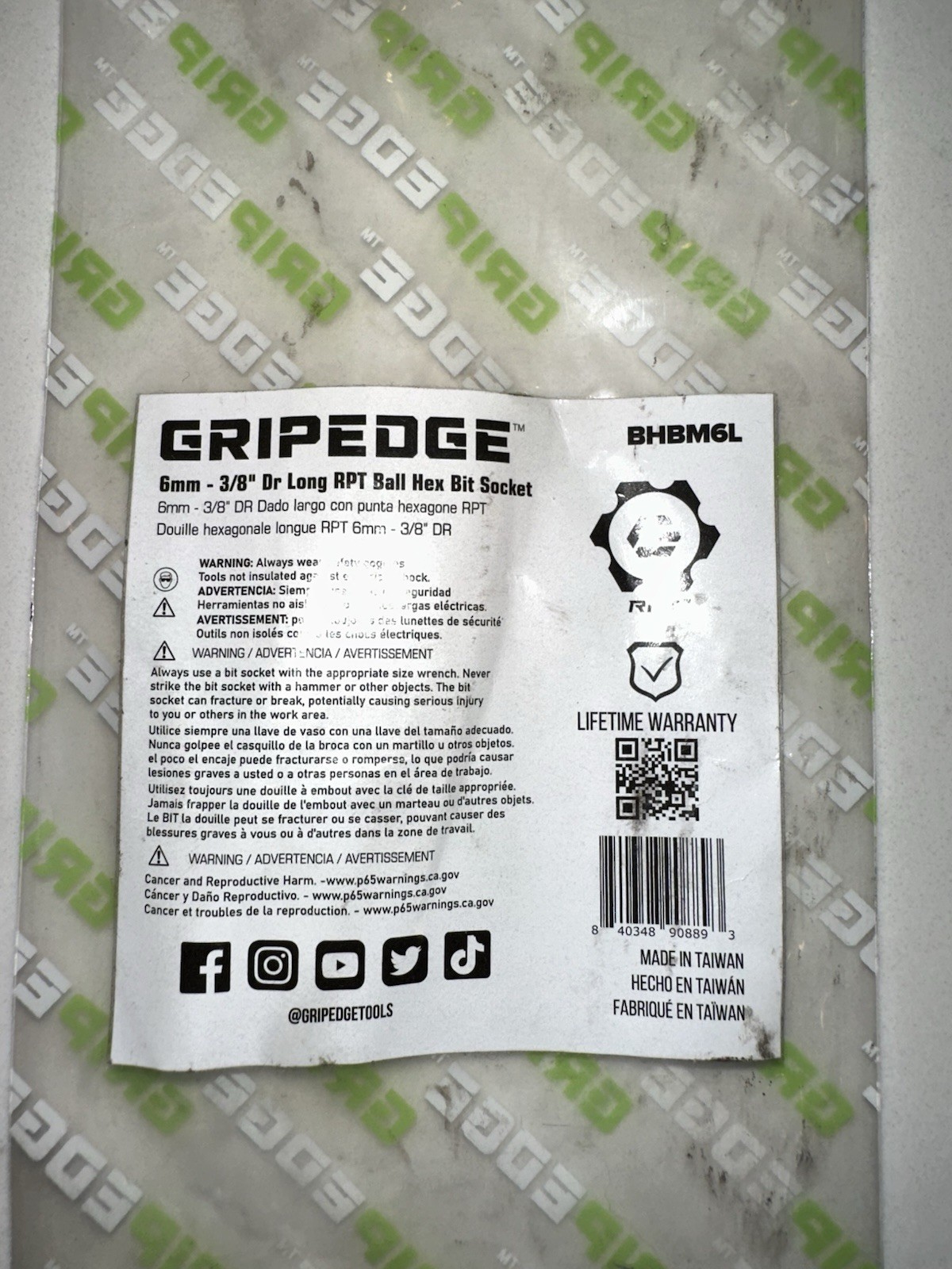 GripEdge 6mm 3/8 Drive Long Ball Hex Bit Socket BHBM6L Lifetime Warranty New
